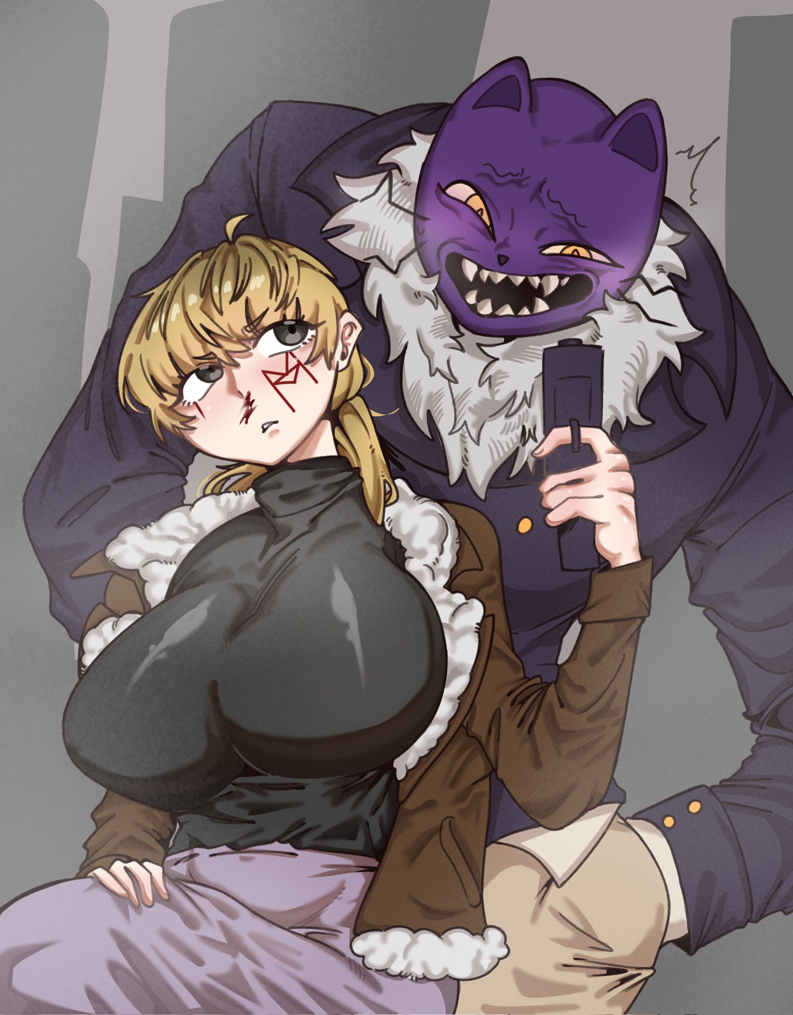 1boy, 1girls, big breasts, blonde hajr, blood, blood on face, bomber jacket, breasts, facial markings, fear and hunger, fear and hunger: termina, female, fully clothed, gun, huge breasts, karin (fear and hunger), male, massive breasts, pocketcat, turtleneck, weapon