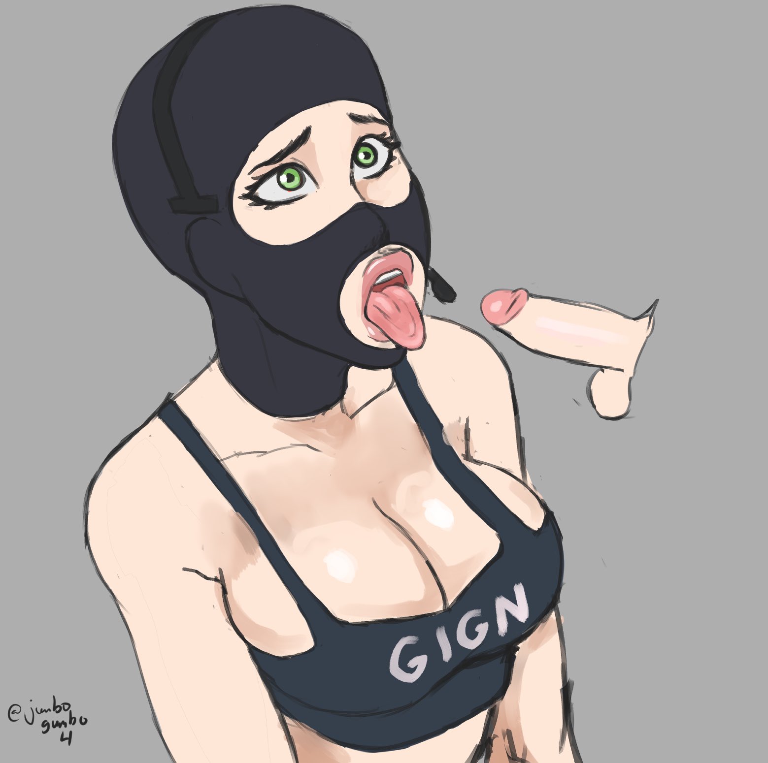 1boy, 1girls, blowjob, breasts, cleavage, disembodied penis, faceless male, fellatio, female, jumbogumbo, large breasts, male, mouth open, open mouth, penis, presenting mouth, rainbow six, rainbow six siege, tagme, tom clancy, tongue, tongue out, twitch (rainbow six)