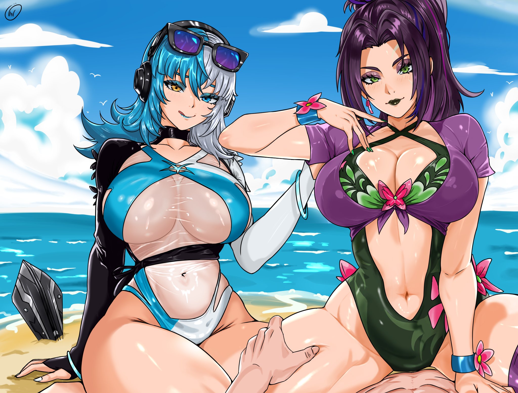 1boy, 2girls, beach, breasts, exposed breasts, female, green eyes, luna snow, luna snow (cool summer), luna snow (marvel rivals), male, male pov, marvel, marvel comics, marvel rivals, multicolored eyes, multicolored hair, pov, pov eye contact, psylocke, psylocke (sai) (breezy butterfly), purple hair, purple swimsuit, smile, swimsuit, waifuviolenta