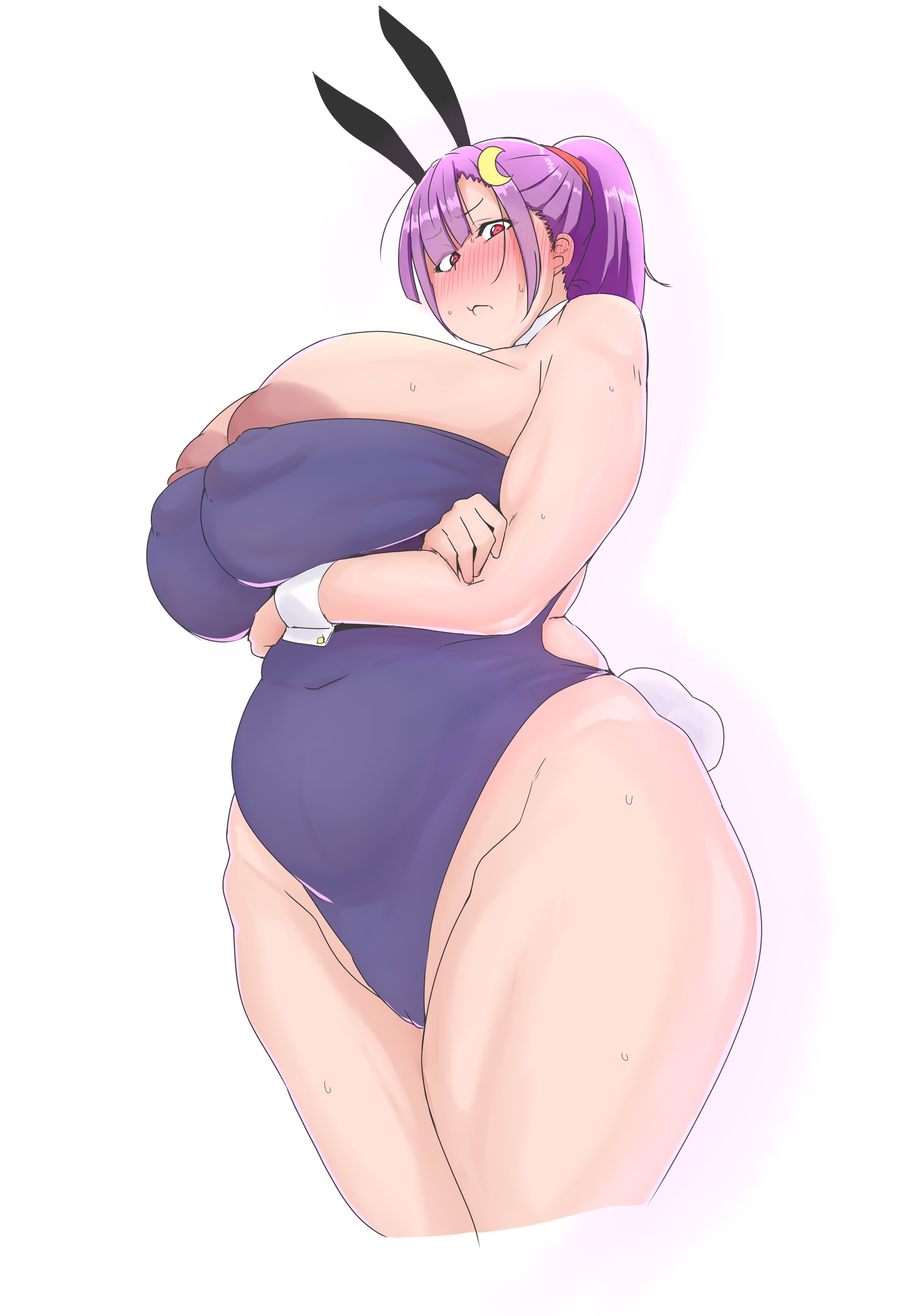 big breasts, blush, breasts, bunny ears, bunny tail, bunnysuit, female, huge breasts, mature, mature female, milf, muruchi-, partially visible nipples, patchouli knowledge, purple hair, touhou, white background