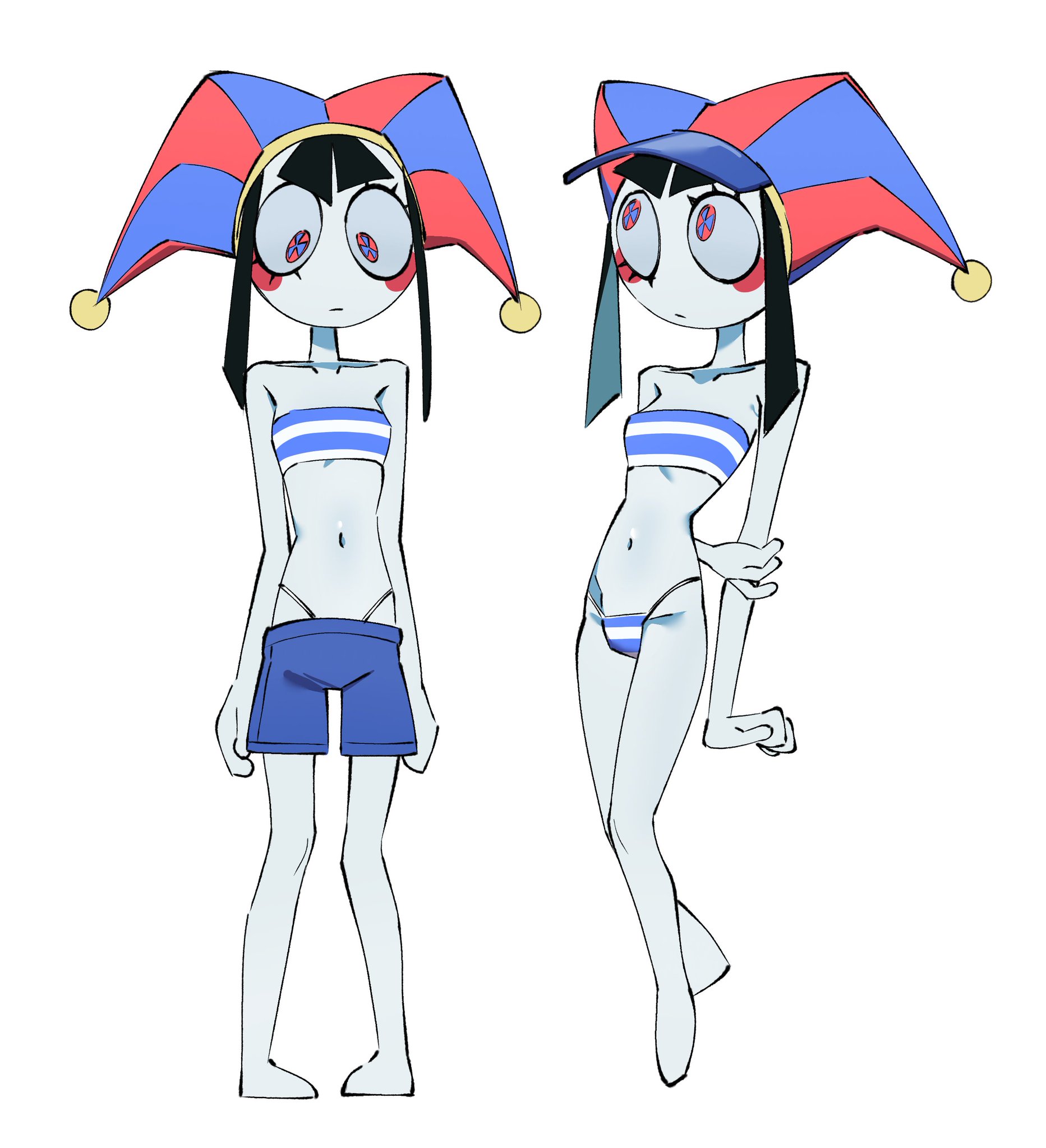 1girls, black hair, breasts, female, female only, glitch productions, jester, jester hat, pomni (beach outfit), pomni (the amazing digital circus), shorts, small breasts, swimsuit, the amazing digital circus