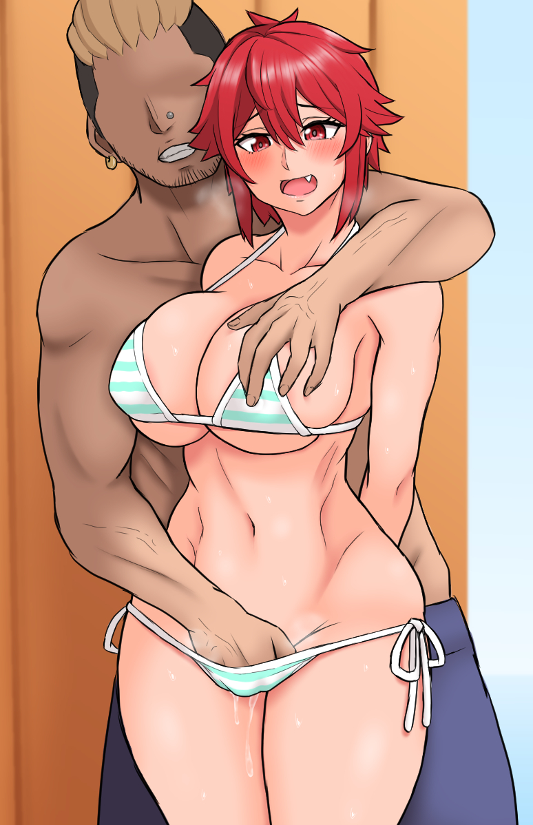 1boy, 1girls, absurd res, absurdres, aizawa tomo, aroused, athletic female, beach, bikini, breast grab, breasts, change in common sense, cheating, dark-skinned male, embarrassed, female, fit female, grabbing, grabbing from behind, green bikini, happy trance, hourglass figure, human, human female, human male, imminent rape, large breasts, light-skinned female, looking pleasured, male, masturbation, molestation, molesting, muscular, muscular female, muscular male, navel, netorare, ntr, red hair, slim waist, smile, teenage female, teenager, tomboy, tomboy dominated, tomo-chan wa onna no ko, unaware hypnosis, unbothered, unknown artist, wide hips