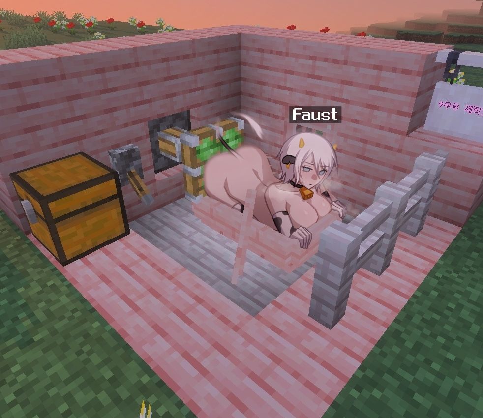 2d, 2d on 3d, 3d, anal, anal insertion, anal sex, ass, big ass, big breasts, blue eyes, blush, blushing female, bovine, breasts, breathing, breathing heavily, cow ears, cow girl, cow horns, cow print gloves, cow print thighhighs, cow tail, cowbell, cowgirl, end rod, faust (limbus company), female, fucking machine, gloves, limbus company, minecraft, minecraft sheep fucker machine, mostly nude, mostly nude female, nude, nude female, object in ass, object insertion, piston (minecraft), project moon, sex machine, steam, tail, thighhighs, white hair