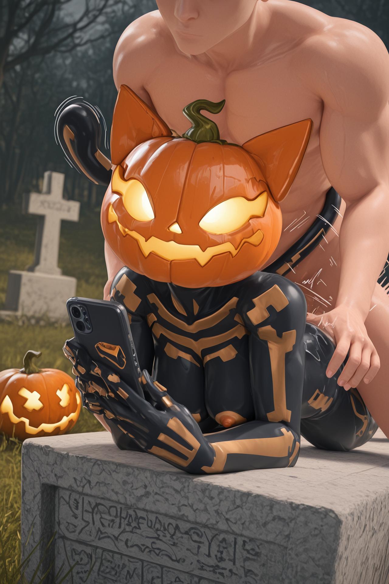 1boy, 1girls, 3d, ai, ai assisted, ai generated, areolae, breasts, cemetery, fortnite, gravestone, male, muscular, muscular male, nipples, on stomach, phone, pumpkin, pumpkin head, sex from behind, shindhas, spice (fortnite)