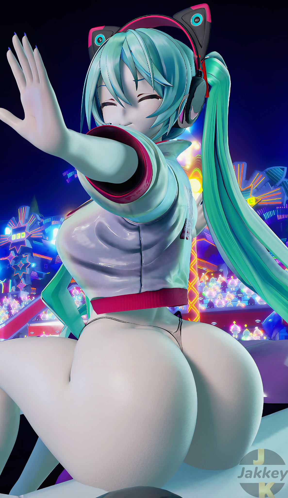 1girl, 1girls, 3d, animal ear headphones, animal ears, aqua hair, ass, bikini, breasts, bubble butt, cat ear headphones, chao (sonic), closed eyes, exposed ass, fake animal ears, female, from behind, hatsune miku, hatsune miku (sonic racing crossworlds), headphones, jacket, jakkeynsfw, long hair, see-through, shiny, shiny hair, sitting, smile, smiling at viewer, solo, sonic (series), sonic racing crossworlds, swimsuit, tagme, thighs, thong, thong bikini, twintails, very long hair, vocaloid, waving