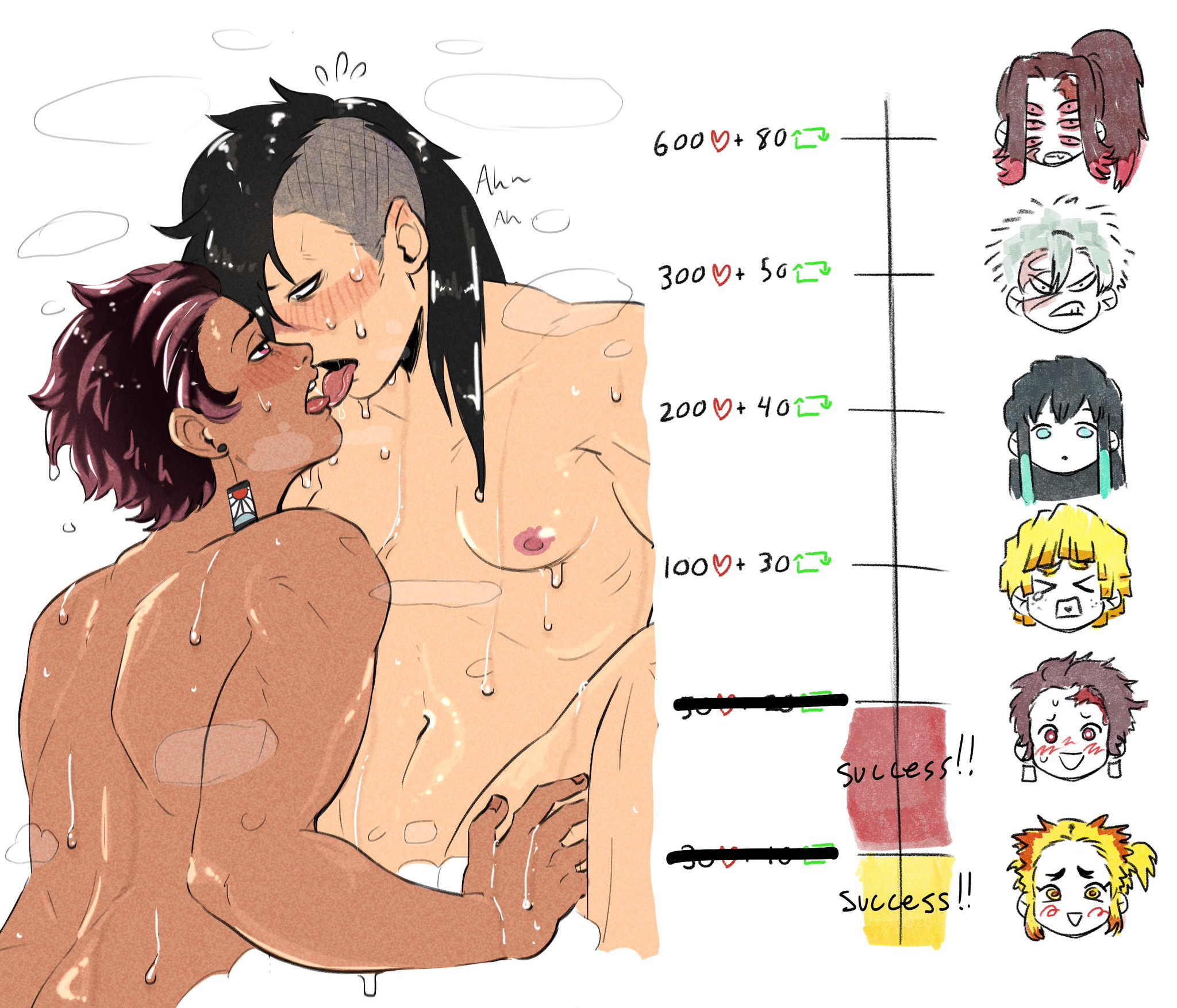 breasts, cuntboy, cuntboy with breasts, cuntboy/male, demon slayer, genya shinazugawa, hot spring, intersex, kamado tanjirou, kimetsu no yaiba, kiss meme, kissing, loggyburger, male, meme, shiny skin, sketch, small breasts, steam, steamy, suggestive, tanjiro kamado, wet