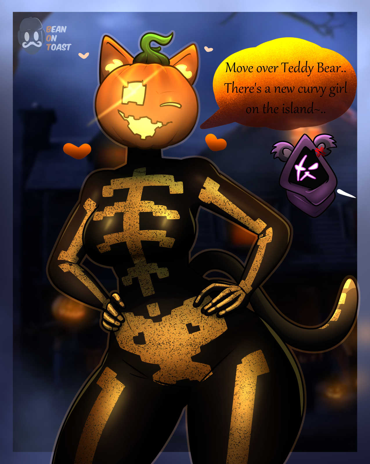 2025, 2d, 2d (artwork), 2d artwork, artist logo, artist name, beanontoast, big breasts, breasts, cat ears, cat tail, female, female only, fortnite, orange eyes, pumpkin, pumpkin head, spice (fortnite), thick thighs