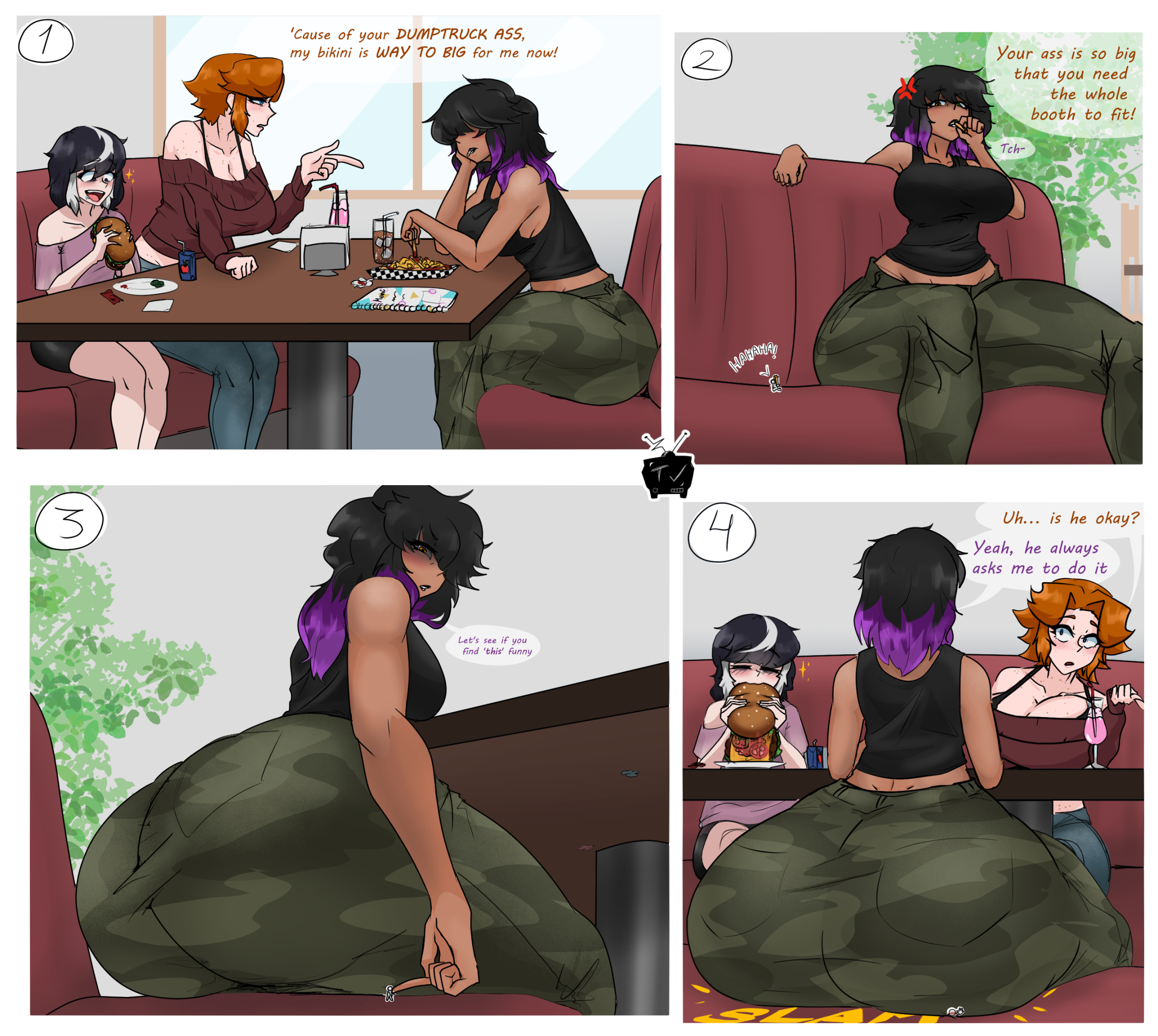 alexandra lane (tv artist23), ass, bangs, bangs over eyes, big ass, big breasts, breasts, butt crush, buttcrush, buttcrush aftermath, comic, comic page, female, giantess, gigantic ass, huge ass, leah (tv artist23), lottie (tv artist23), original, original character, text, text bubble, tv artist23