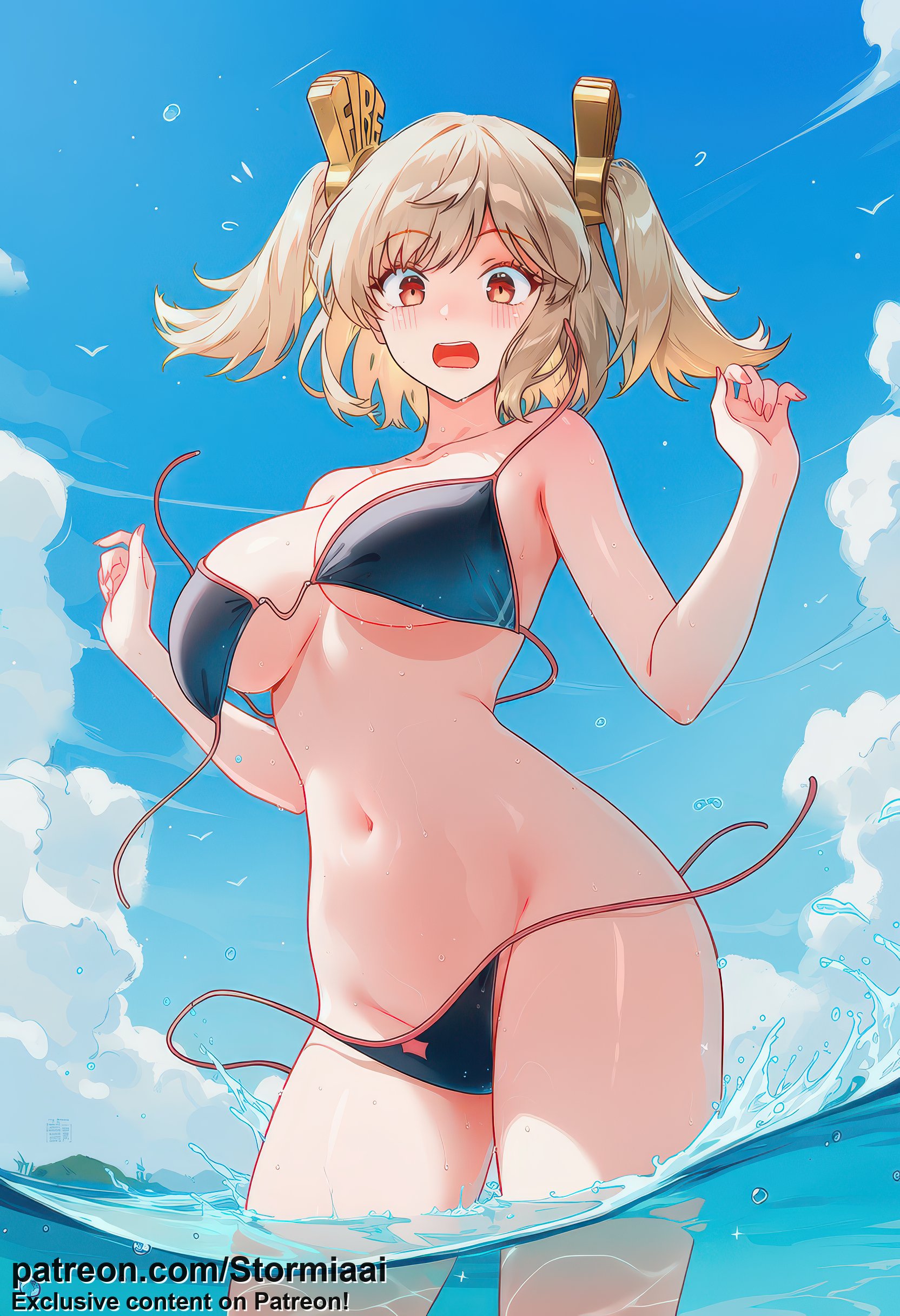 1girls, ai generated, big breasts, black swimsuit, blonde female, blonde hair, breasts, burnice white, female, hoyoverse, mihoyo, swimsuit, zenless zone zero