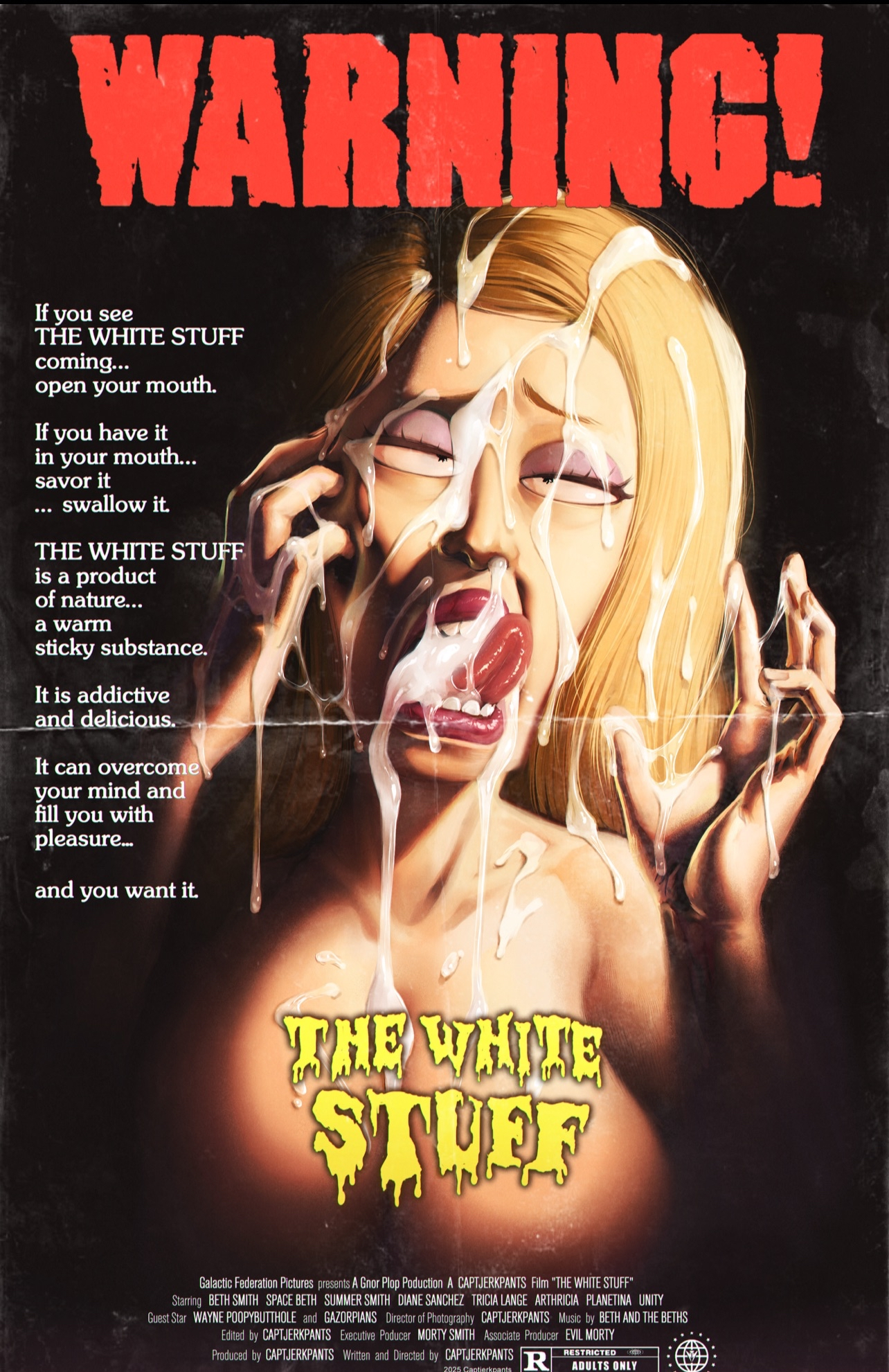 1girls, addiction, adult swim, beth smith, blonde hair, breasts, captainjerkpants, corruption, cum, cum in hair, cum in mouth, cum on breasts, cum on face, cum on tongue, facial, female, horror, horror (theme), large breasts, magazine cover, no source, parody, parody porn, poster, rick and morty, solo female