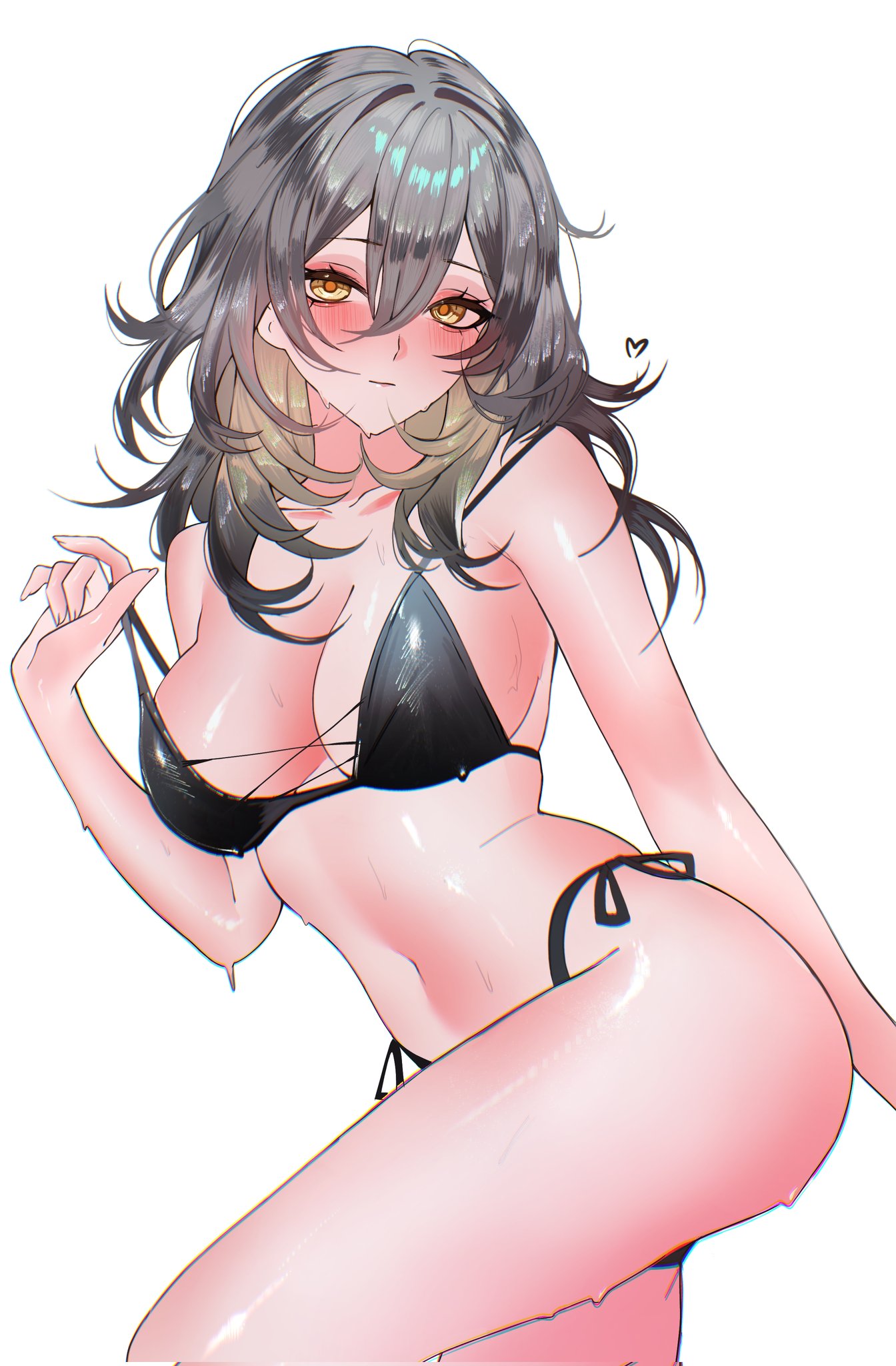 1girls, black lingerie, blush, female, grey hair, honkai: star rail, hoyoverse, lingerie, long hair, mihoyo, stelle (honkai: star rail), yellow eyes