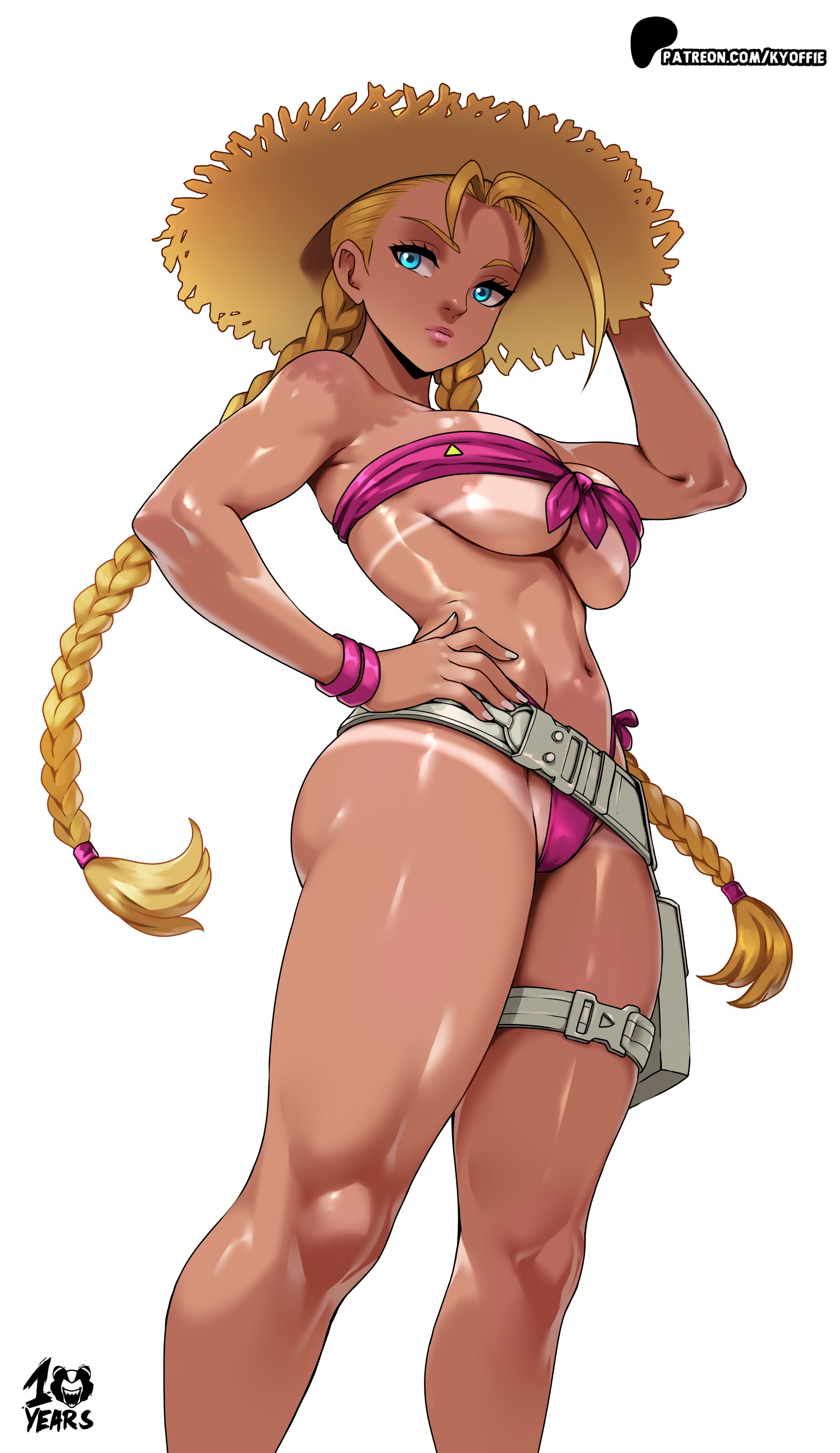 1girls, 2025, big breasts, bikini, blonde hair, blue eyes, breasts, cammy white, cammy white (street fighter 6), capcom, defined tanline, female, hat, kyoffie, lipstick, pale skin, pale-skinned female, straw hat, street fighter, street fighter 6, summer, tagme, tan skin, tanline, tanned, tanned female, twintails, watermark, white background