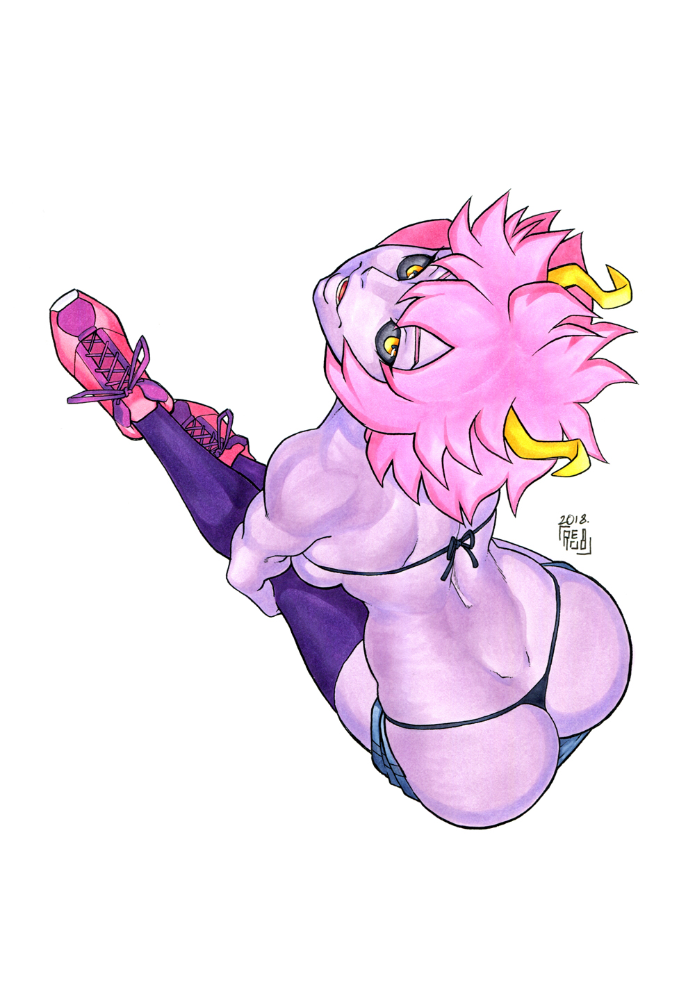 ass, bent over, big ass, female, looking at viewer, mina ashido, my hero academia, panties, pink hair, pink skin, shorts, thong