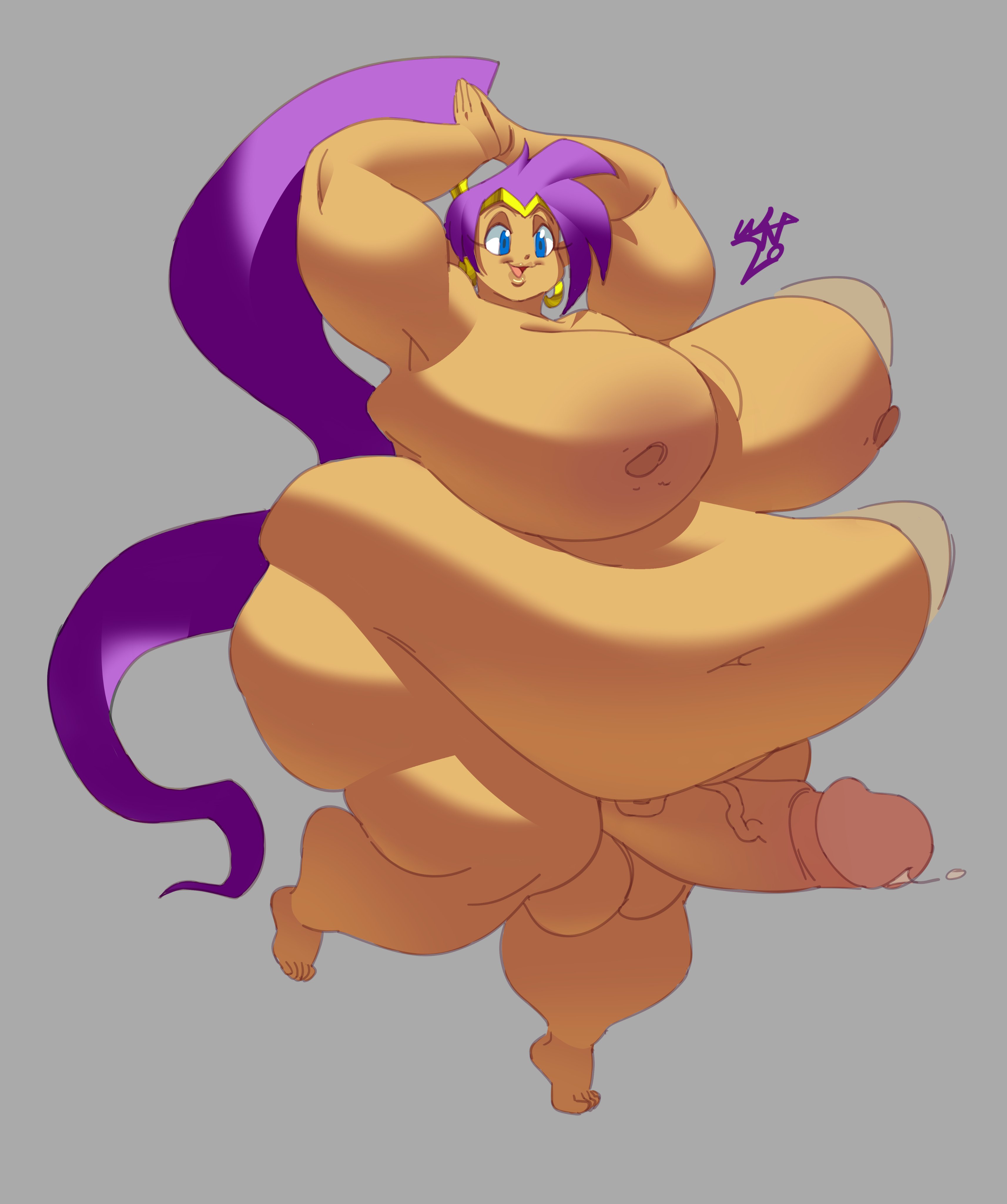 1futa, ass, bbw, belly, big belly, big breasts, boris grim, breasts, dark skin, erection, fat, futa only, futanari, hyper, hyper ass, hyper belly, hyper breasts, hyper butt, hyper fat, hyper thighs, intersex, obese, overweight, overweight futa, penis, purple hair, shantae, shantae (character), simple background, solo, ssbbw, straight hair, weight gain, weight gain futa