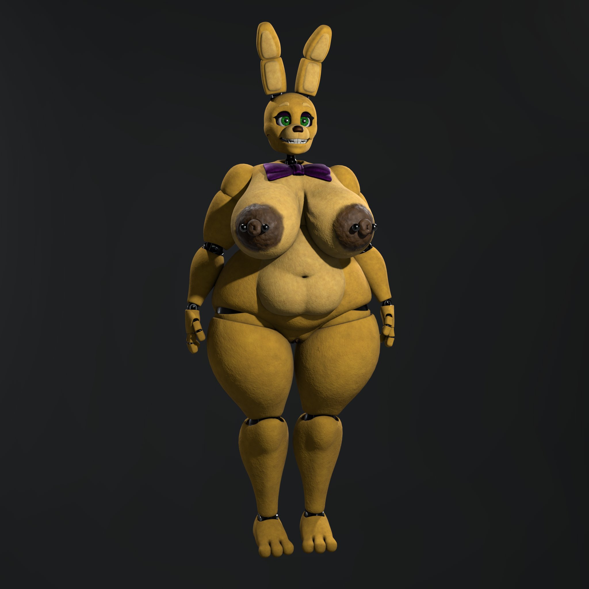 1girls, 3d, 3d (artwork), ass, big ass, big breasts, bowtie, breasts, bunny ears, bunny girl, bunnysuit, fat, fat ass, female, female only, five nights at freddy's, furry, furry female, furry only, green eyes, model release, nipple piercing, nipples, octal, octal (modeler), pear-shaped figure, solo, solo female, spring bonnie, spring bonnie (fnaf), spring bonnie (octal)