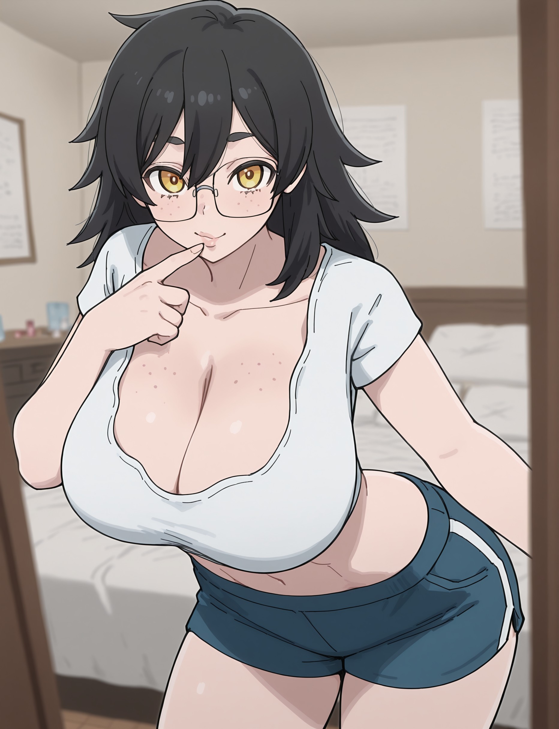 ai generated, bare thighs, black hair, breasts, dolphin shorts, female, freckles, gigantic breasts, glasses, huge breasts, huge thighs, kiki mochi, light skin, light-skinned female, long hair, looking at viewer, mary aki, massive breasts, mature female, milf, smiling, solo female, squatting, sweat, sweatdrop, thick body, thick female, thick thighs, thighs, tougen anki, voluptuous, voluptuous female, yellow eyes