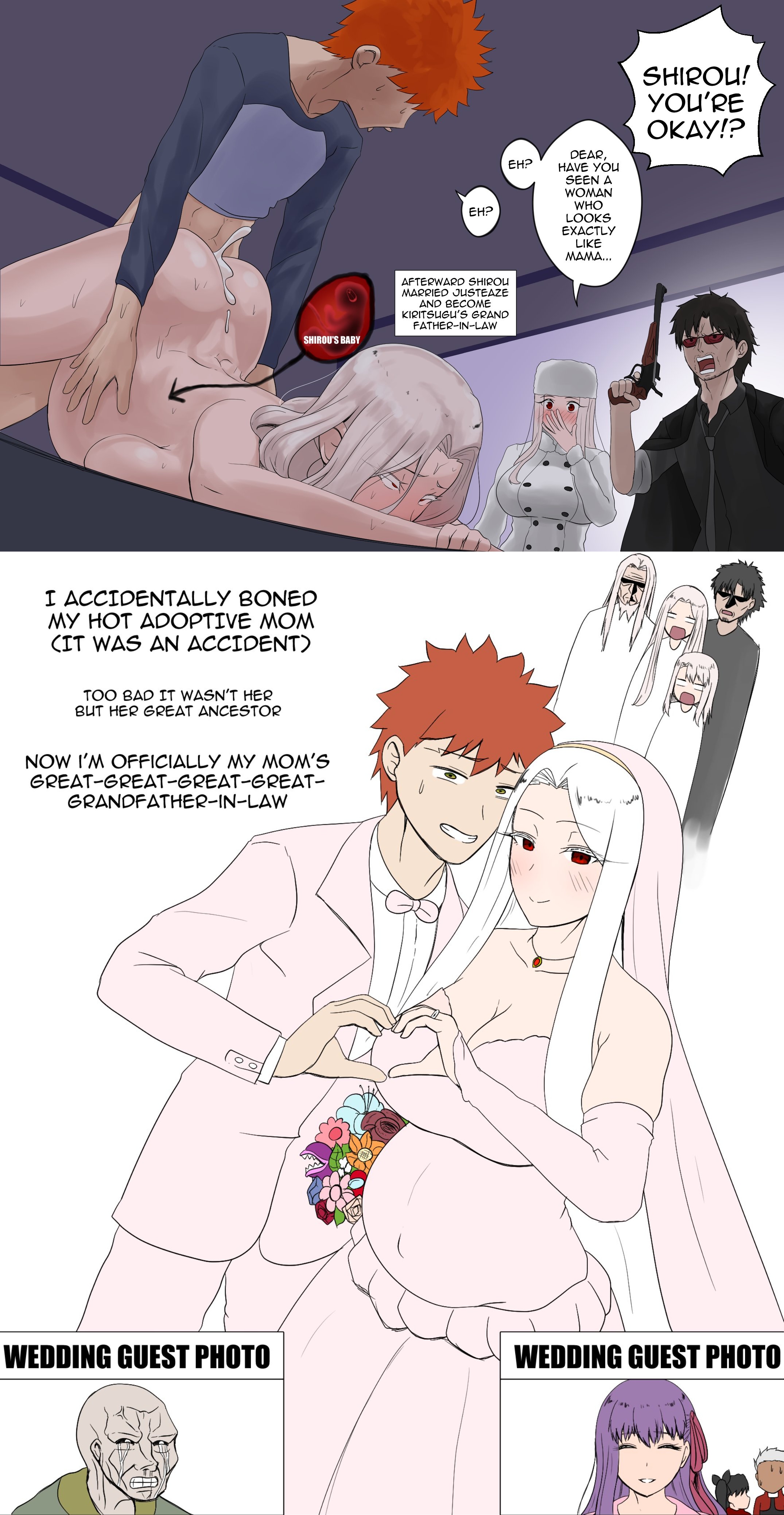 5boys, 5girls, archer (fate), bald, black hair, black hair female, black hair male, boobs, bottomless, bottomless male, breasts, chomper (pvz), completely nude, completely nude female, cum, cum in pussy, cum inside, dark skin, dark-skinned male, doggy, doggy style, emiya (fate), emiya shirou, english text, fate (series), female, flower, gun, hair ribbon, heart sign, heart symbol, illyasviel von einzbern, impregnation, irisviel von einzbern, jubstacheit von einzbern, justeaze lizrich von einzbern, kiritsugu emiya, kmvt, kmvt69, long hair, long hair female, male, matou sakura, meme, milf, multiple boys, multiple girls, necklace, nude, nude female, old male, old man, open mouth, plants vs zombies, pregnant, pregnant belly, pregnant female, purple hair, purple hair female, pussy, red eyes, red eyes female, red hair, red hair male, rie nia, ring, sex, sex from behind, shocked, shocked expression, simple background, tears, text, tits, tohsaka rin, vaginal penetration, vaginal sex, vest, wedding dress, wedding ring, white eyelashes, white hair, white hair female, zouken matou