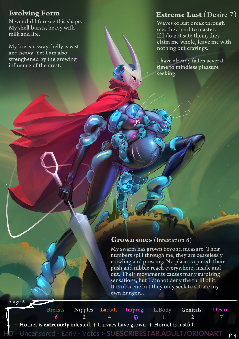 big belly, body modification, breast expansion, breasts, creature inside, english text, female, hollow knight, hornet (hollow knight), huge breasts, impregnation, infestation, lactation, larva, multi breast, orionart, quad breasts, stats, story, transformation