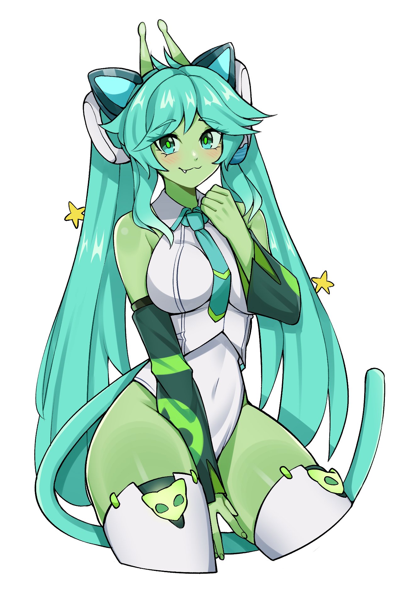 :3, 1girl, 1girls, alien, animal ears, aqua hair, big breasts, blue background, blue eyes, blue hair, blush, breasts, cat ears, cat humanoid, cat tail, color, colored skin, cowboy shot, detached sleeves, fang, fangs, female, female focus, female only, glorpi miku (dyarikku), green background, green eyes, green hair, green nails, green necktie, green skin, hatsune miku, horns, huge breasts, huge thighs, humnoid, leotard, long hair, looking at viewer, navel, necktie, simple background, smile, solo, suit, tail, thighhighs, thighs, twintails, very long hair, vocaloid, white background, white leotard