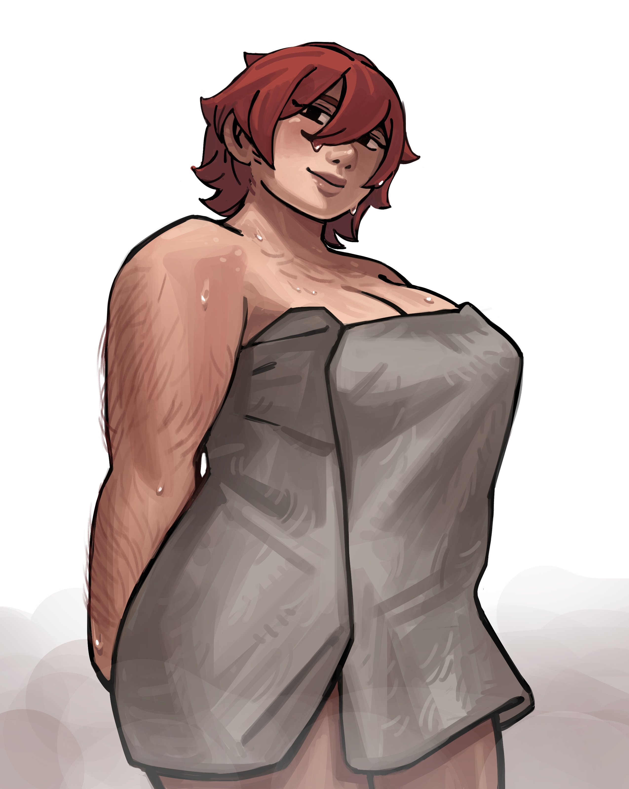 1girls, arm hair, arms behind back, black eyes, body freckles, breasts, cleavage, closed mouth, dungeon meshi, dwarf, dwarf female, female, freckles, hair between eyes, large breasts, leg hair, looking at viewer, naked towel, namari (dungeon meshi), red hair, short hair, smile, solo, standing, sweat, towel, viviancore, wet, wet hair