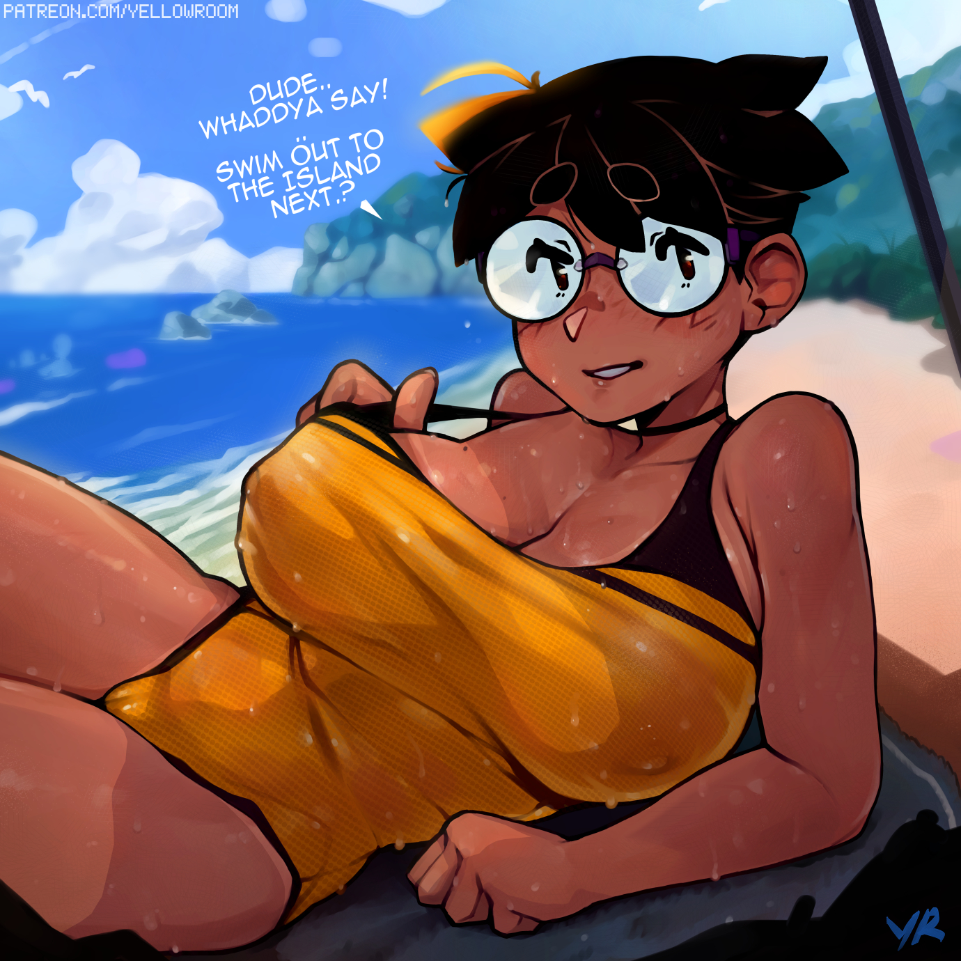 1girls, 2d, 2d (artwork), anya (yellowroom), beach, big breasts, breasts, brown skin, brown-skinned female, cleavage, clothed, clothed female, dark skin, dark-skinned female, english, english text, female, female focus, female only, female says dude, fully clothed, glasses, large breasts, looking at viewer, mob face, one-piece swimsuit, original, original character, photo, short hair, solo, solo female, solo focus, sweat, swimsuit, text, tomboy, yellowroom