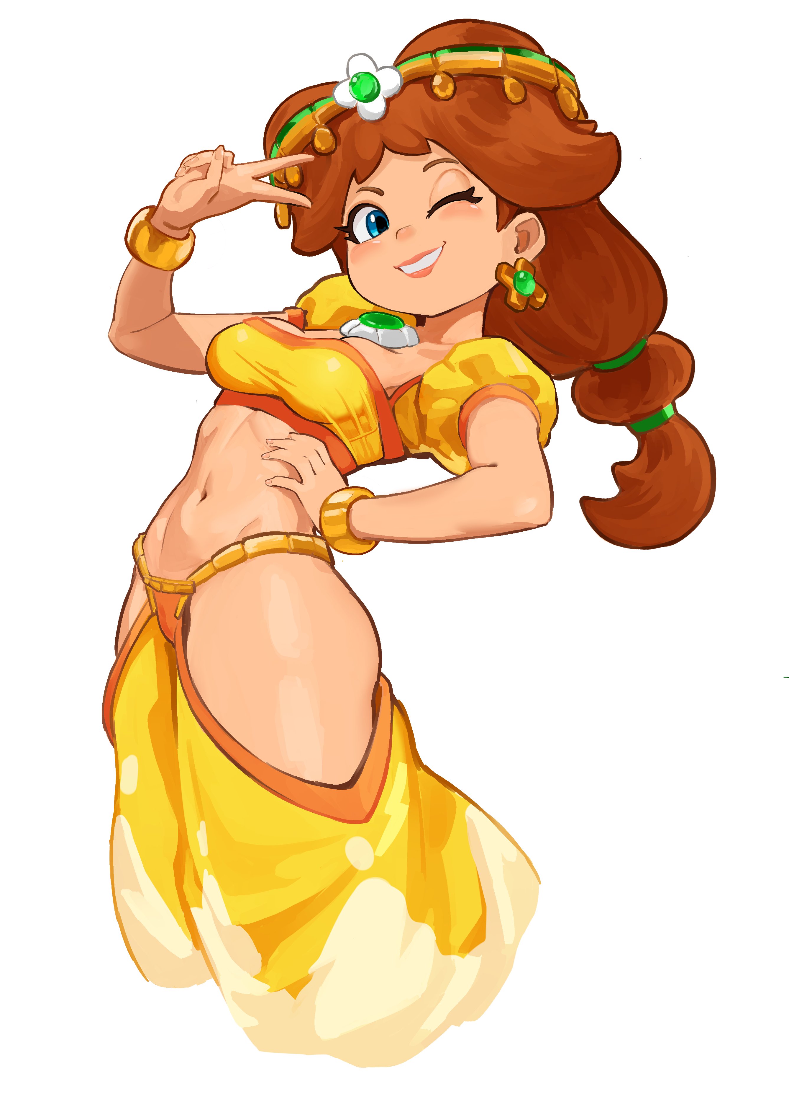 1girls, absurdres, adapted costume, arabian clothes, arm up, big breasts, blue eyes, bracelet, bracelets, breasts, brown hair, busty, clothing cutout, commentary, crop top, cropped legs, earrings, english commentary, exposed hips, female, flower earrings, gem, green gem, grin, hair ornament, hand on hip, harem outfit, harem pants, highres, hip cleavage, hip cutout, hip vent, human, human only, jewelry, large breasts, long hair, looking at viewer, mammal, mario (series), mario kart, mario kart world, mature, mature female, midriff, mineru128127, navel, nintendo, official alternate costume, one eye closed, pants, pose, posing, princess, princess daisy, princess daisy (oasis), puffy short sleeves, puffy sleeves, royalty, shirt, short sleeves, simple background, smile, solo, solo female, solo focus, stomach, toned, toned female, v, v sign, voluptuous, wink, winking, winking at viewer