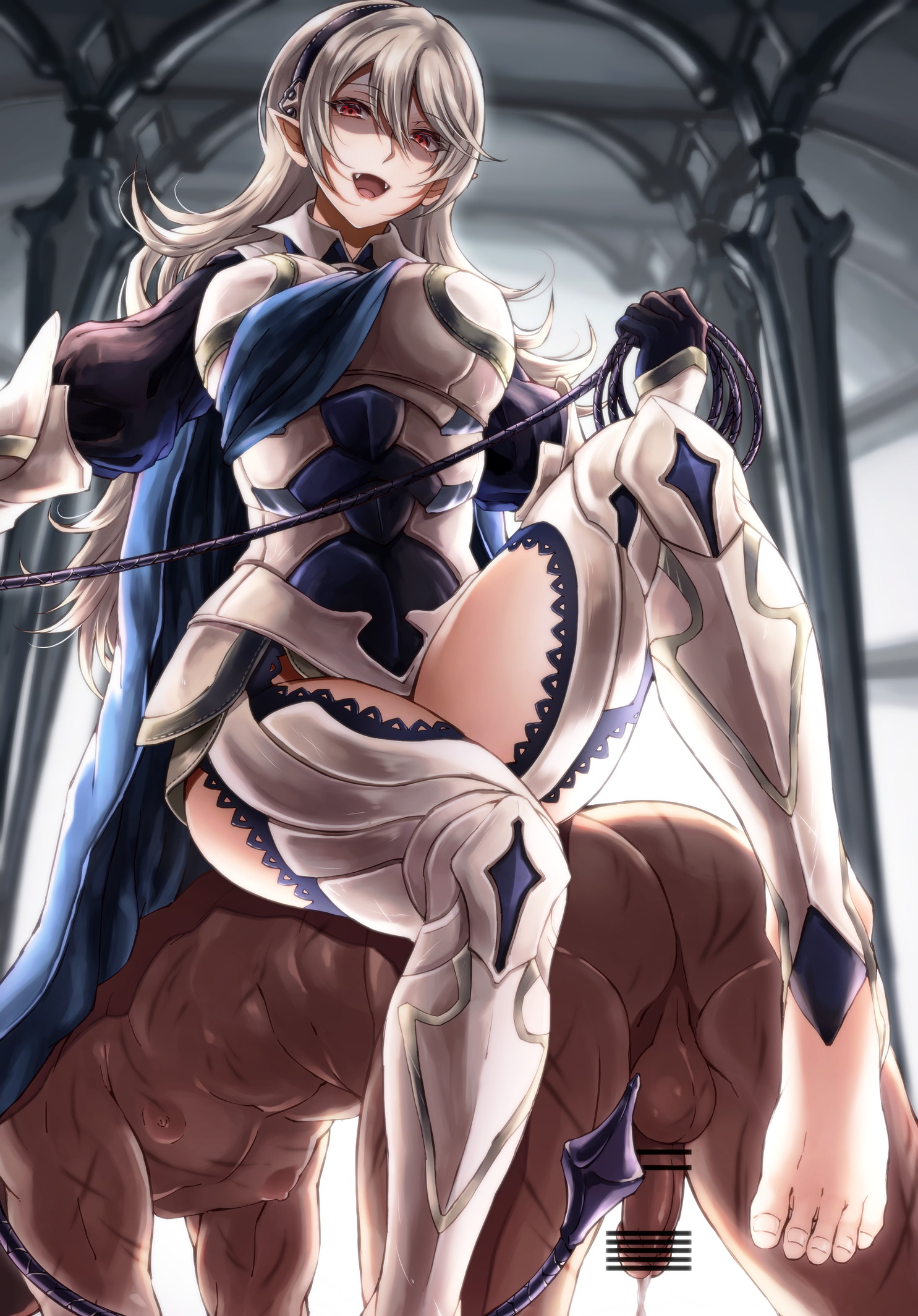 1boy, all fours, armor, ass, balls, bare thighs, barefoot, big breasts, bondage, breasts, censored, clothed female nude male, corrin (fire emblem), corrin (fire emblem) (female), cum, cumdrip, dark skin, dark-skinned male, fangs, feet, female, female protagonist, femdom, fire emblem, fire emblem fates, from below, headband, highres, hikari (komitiookami), large breasts, long hair, looking at viewer, looking down, male, malesub, muscles, nintendo, nipples, nude, open mouth, penis, pointy ears, red eyes, silver hair, sitting, sitting on person, smile, teeth, testicles, thick thighs, thighs, tongue, whip, whip marks
