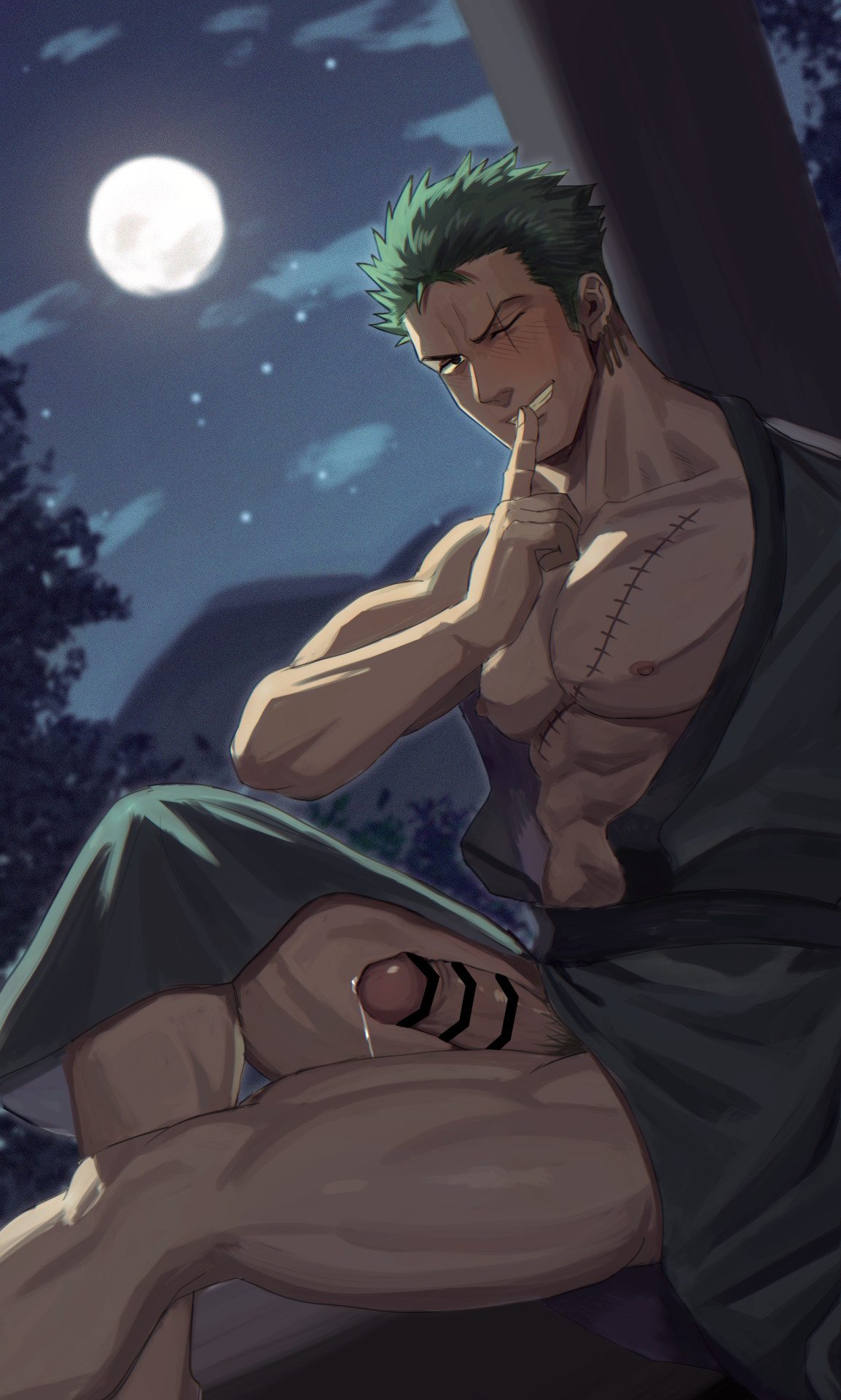 1boy, abs, bara, bare breasts, big areola, big glans, big penis, black eyes, blush, bottomless, breasts, censor bar, censored, censored penis, collarbone, dark lighting, dutch angle, earrings, erection, folded leg, foreskin, foreskin folds, frown, full moon, gay, green hair, grin, hi res, hunk, izukonohito, kimono, leaning back, looking at viewer, male, male only, manly, mature male, moon, muscles, muscular, muscular arms, muscular legs, muscular male, muscular thighs, night, one piece, open clothes, pantsless, pecs, penis, pillar, pointless censoring, post-timeskip, practically nude, precum, precum drip, pubic hair, quadriceps, quiet gesture, retracted foreskin, roronoa zoro, scar, scar across eye, scar on chest, scar on face, scar on stomach, secret, shadow, short hair, sitting, six pack, sky, star, thick penis, tough guy, uncircumcised, uncut, v-shaped eyebrows, yaoi, yukata