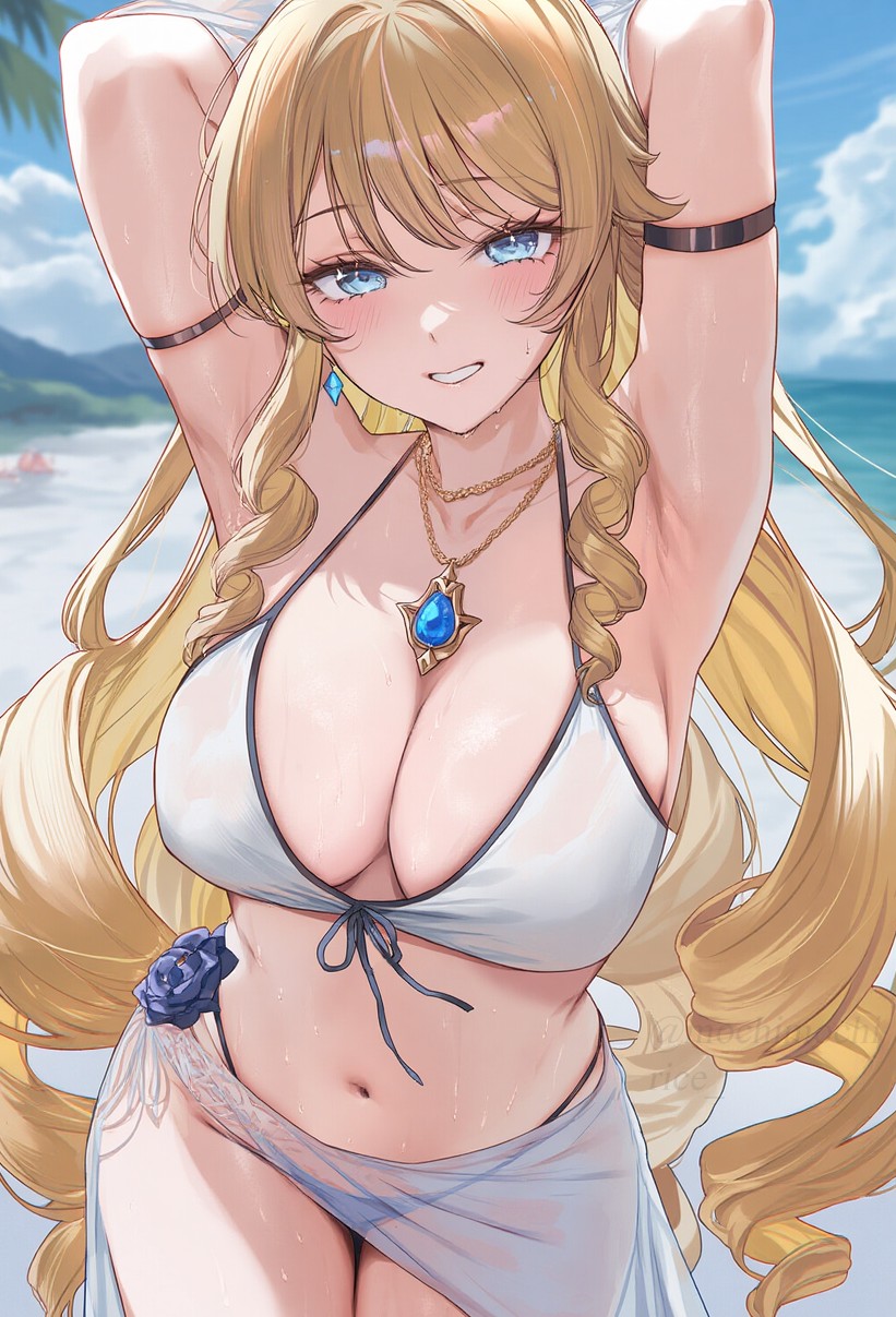 1girls, 2d, 2d (artwork), ai, ai art, ai generated, alternate costume, arms up, beach, beach background, big breasts, bikini, bikini bottom, bikini top, black thong, black thong bikini, blonde hair, blue eyes, blush, breasts, clouds, day, female, female focus, female only, flower, fontaine girls, front view, genshin impact, huge breasts, jewelry, light skin, light-skinned female, long hair, looking at viewer, low res, lowres, mochimochirice, navia (genshin impact), ocean, outdoors, palm tree, pareo, sexy, sky, slim female, smiling, smiling at viewer, solo, solo female, solo focus, standing, summer, swimsuit, thong, thong bikini, two piece swimsuit, water, wet, wet body, wet skin, young, younger female