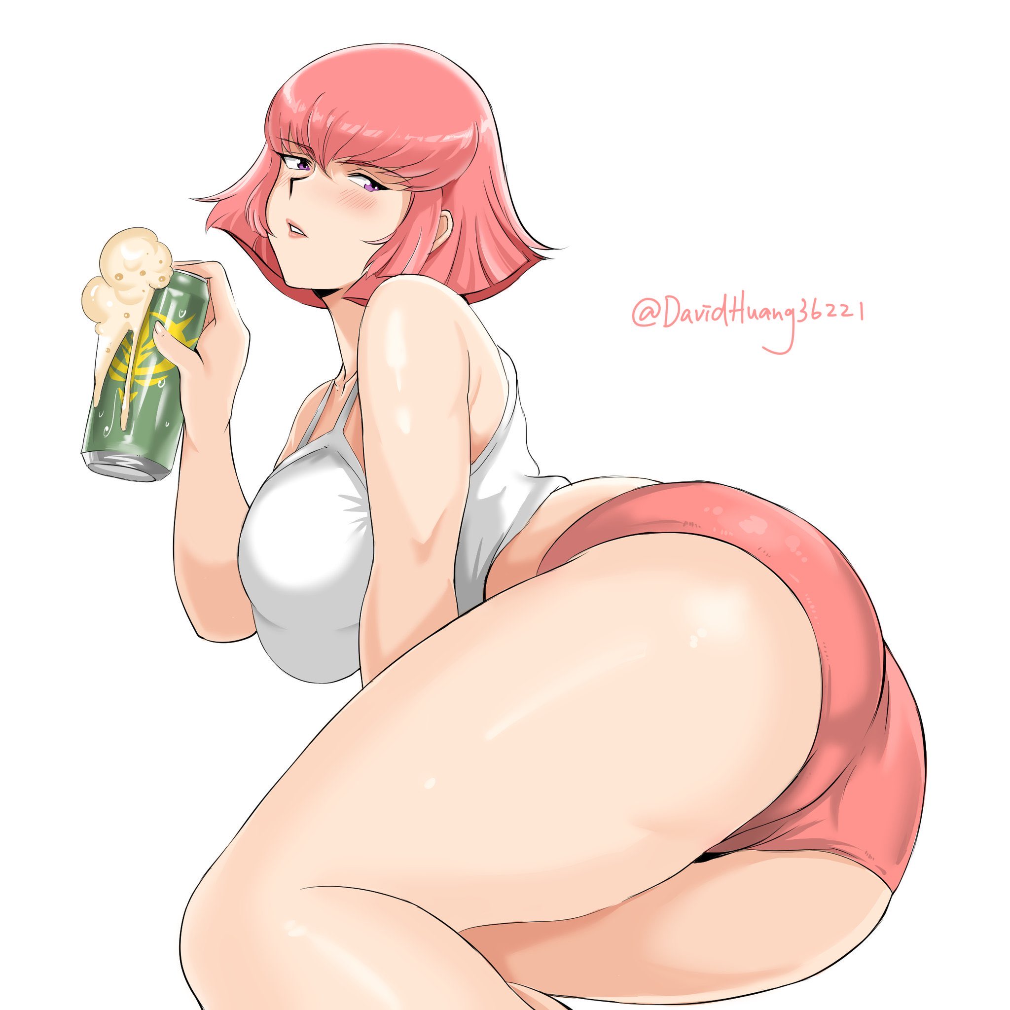 1girls, 2d, beer, beer can, big ass, breasts, davidhuang36221, female, female only, fit, fit female, gundam, gundam zz, haman karn, large ass, large breasts, looking aside, lying on side, mobile suit gundam, panties, partially clothed, pink eyes, pink hair, pink panties, purple eyes, tagme, tanktop, thick thighs, tinted eyewear, zeta gundam