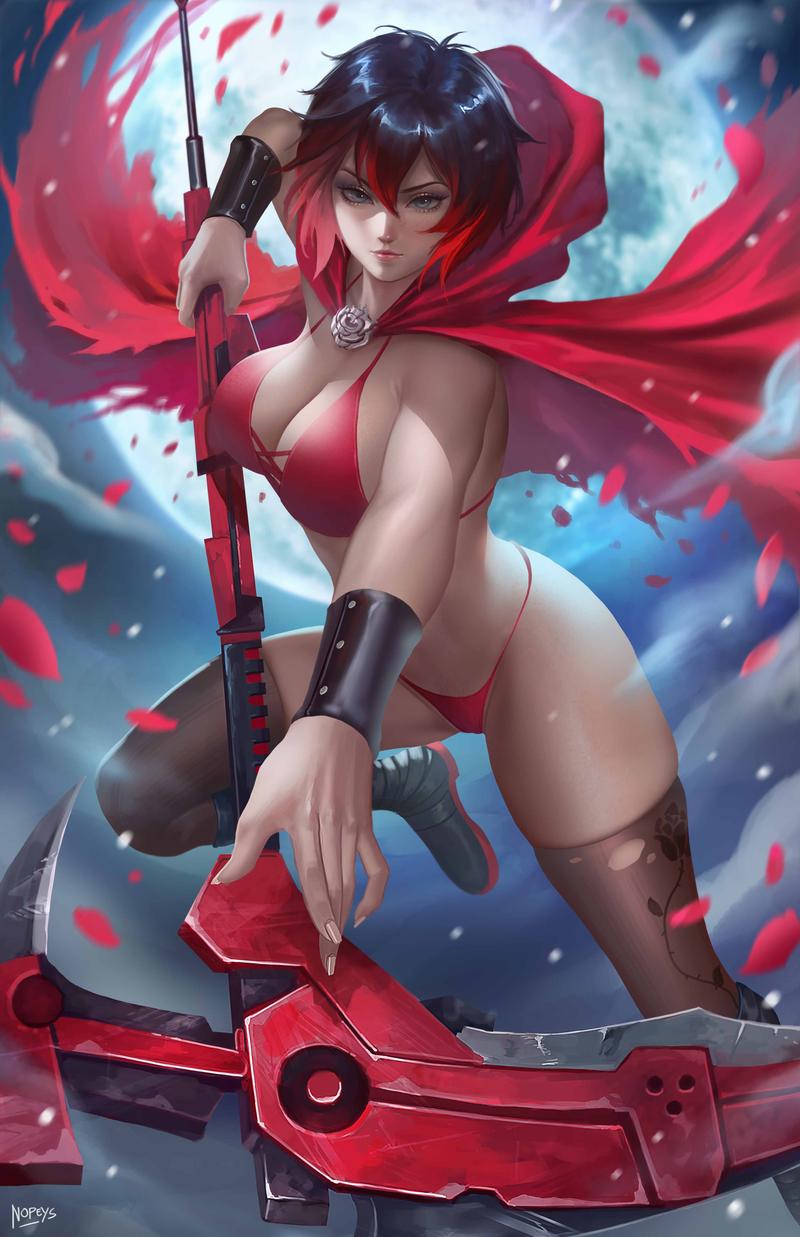 1girls, big breasts, black hair, breasts, clothed female, female, female focus, female only, fully clothed, grey eyes, nopeys, red highlights, revealing clothes, ruby rose, rwby, short hair, solo, solo female, solo focus, two-tone hair