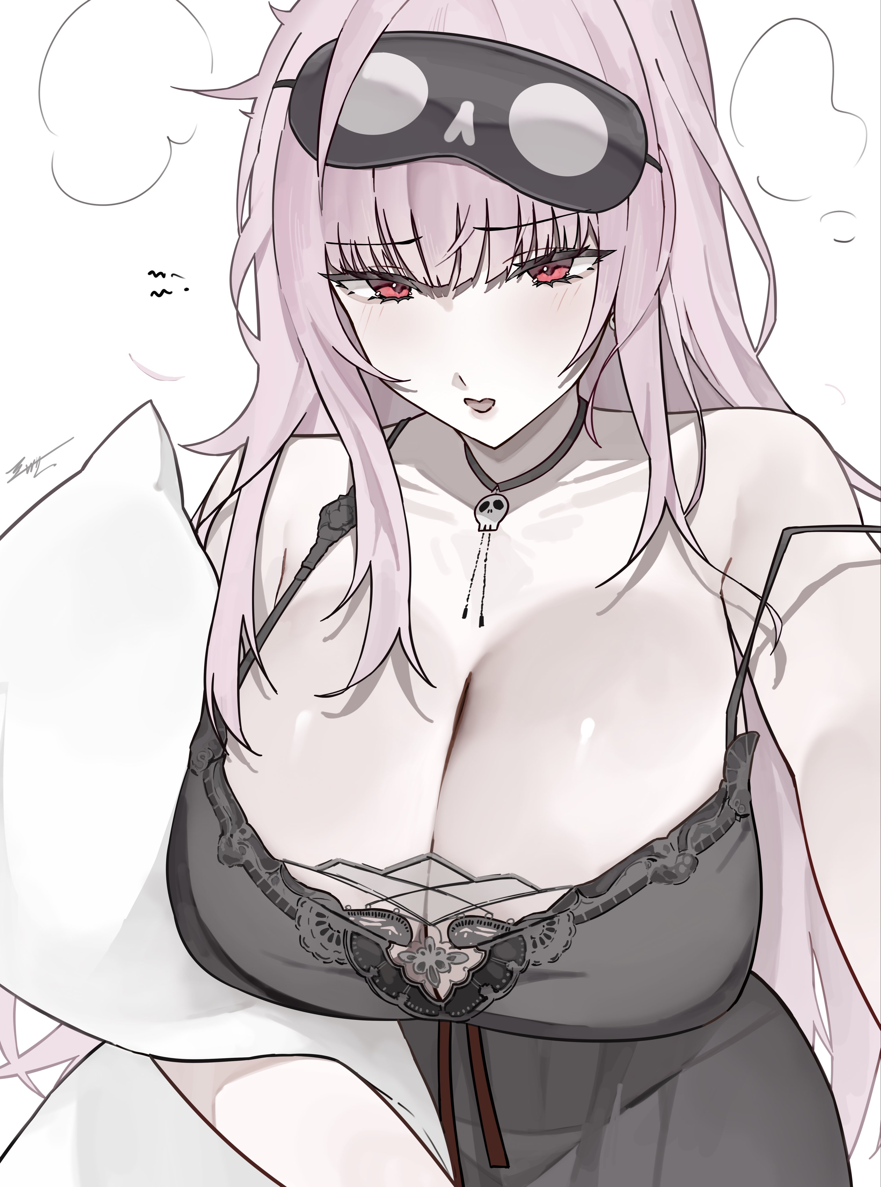 1girls, 2025, big breasts, breasts, clothed, clothing, collar, ewn, female, female only, hi res, hololive, hololive english, hololive myth, ligh, light skin, light-skinned female, long hair, mori calliope, open mouth, pillow, pink hair, red eyes, simple background, solo, virtual youtuber, vtuber, white background