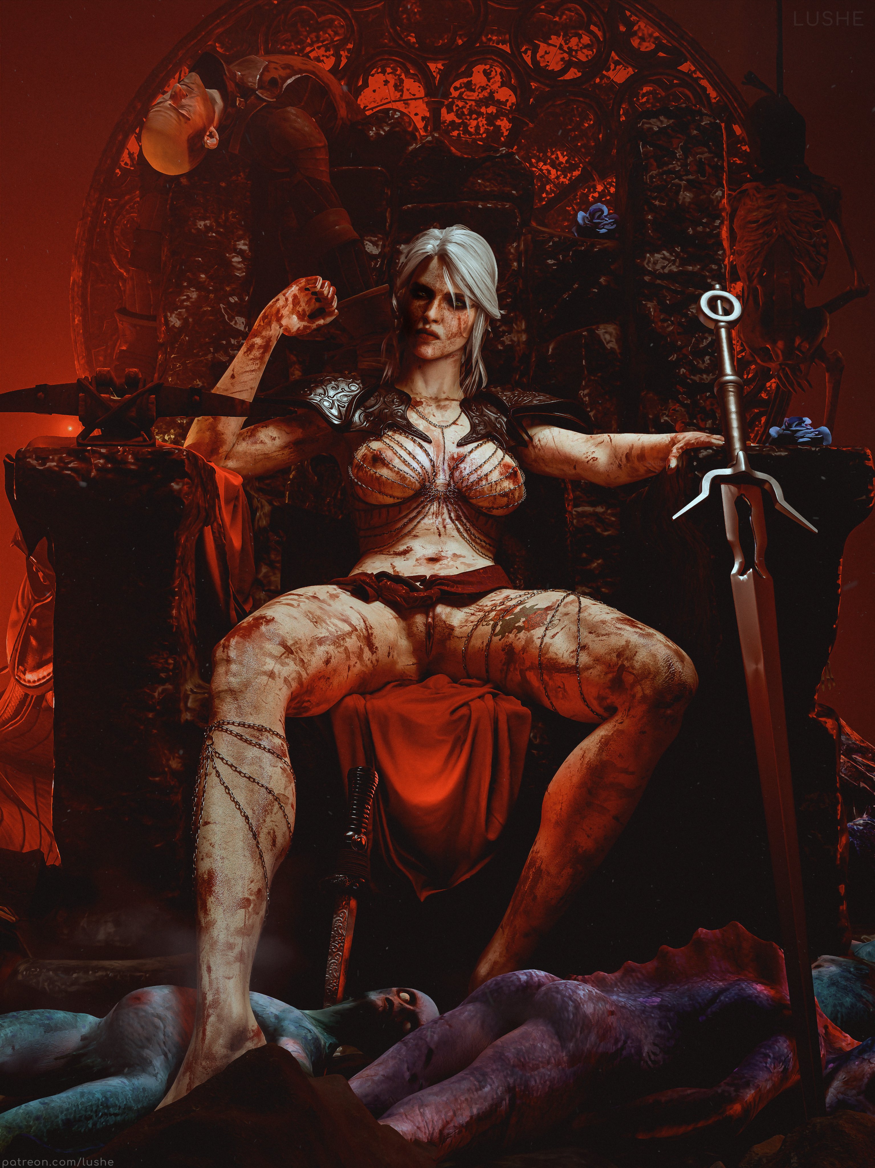 3d, barbarian, blood on body, blood on face, breasts, cd projekt red, ciri, dead body, drowner, female, goes hard, green eyes, light-skinned female, looking at viewer, lushe3d, mascara, monster, nipples, pussy, scar, solo, solo female, spread legs, sword, tattoo, the witcher (series), the witcher 3: wild hunt, throne, white hair