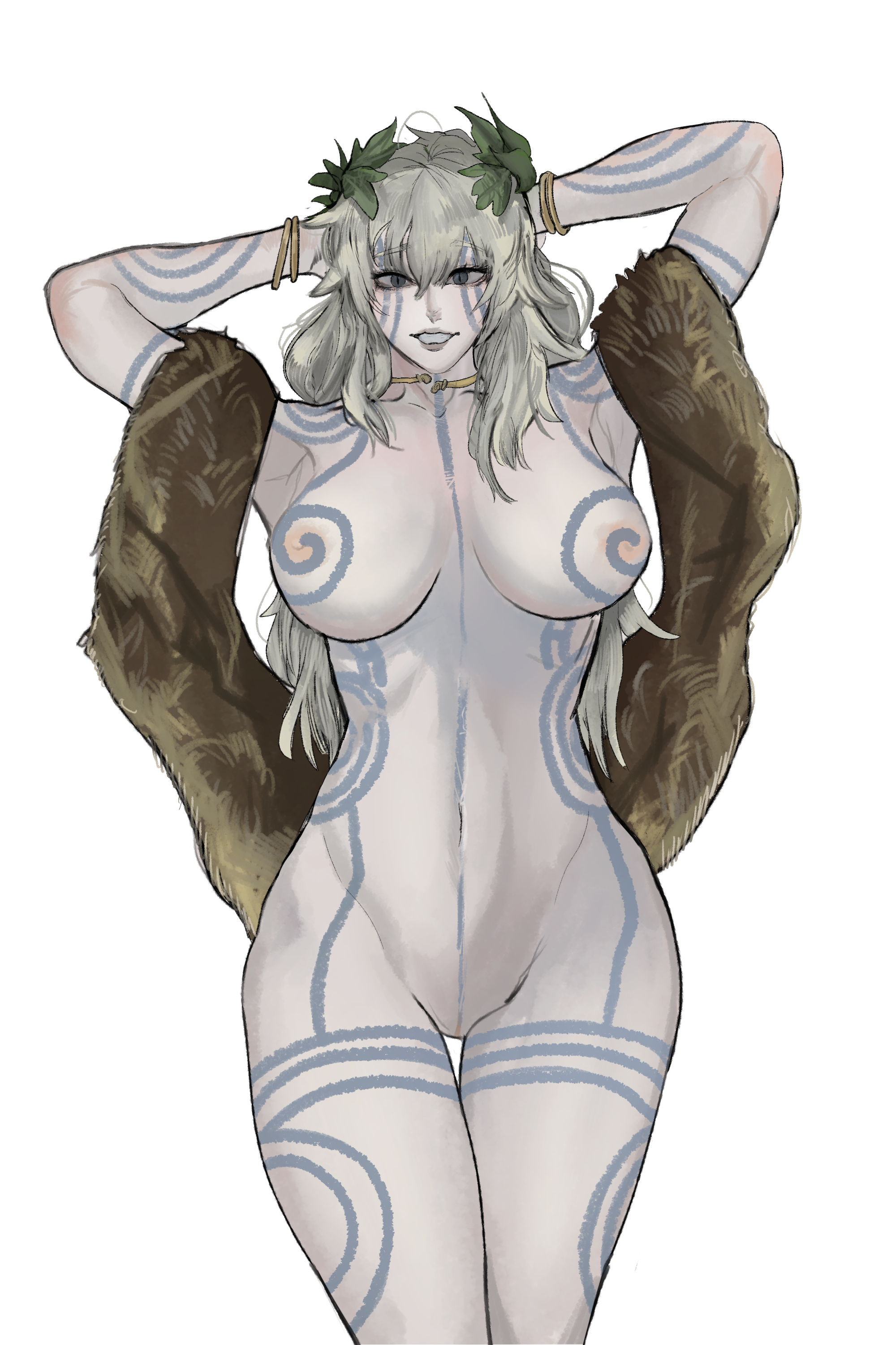 101ho, 1girls, arms behind head, arms up, belly, belly button, big breasts, blue eyes, bodypaint, bracelet, bracelets, breasts, breasts out, casual, child bearing hips, collar, female, female only, human, leaves, leaves in hair, long hair, massive breasts, nipples, no bra, no panties, nonsexual, nonsexual nudity, nude, nude female, nudist, oc, original character, pale skin, pelt, pictish witch (anonhistory), pink nipples, pose, posing, pussy, thick hips, thick legs, thick thighs, vagina, white body, white hair, white skin