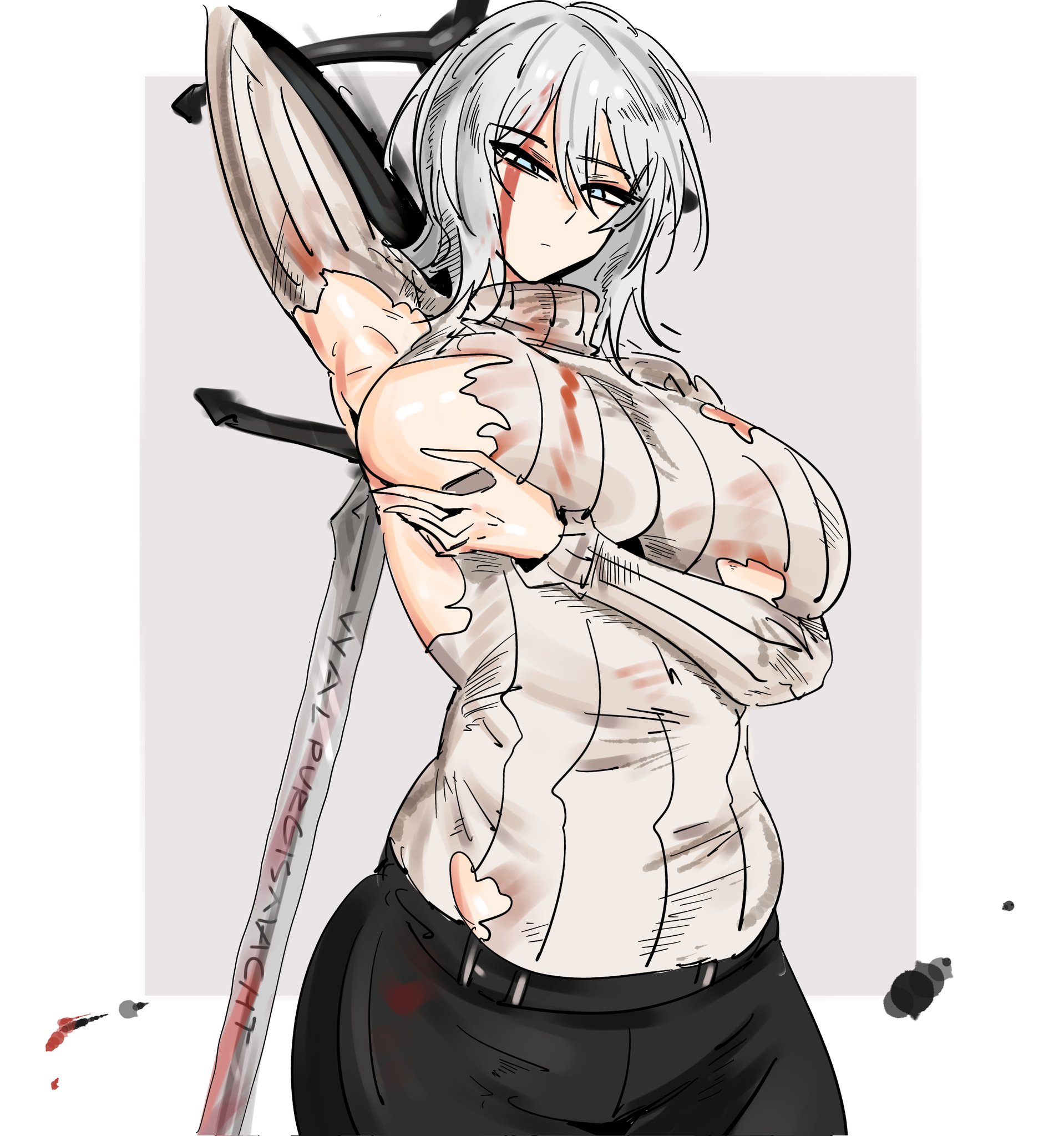 1girls, arczaeon, armpit fetish, breasts, faust (limbus company), female, female only, large breasts, limbus company, project moon, ripped clothing, solo, solo female, standing, voluptuous