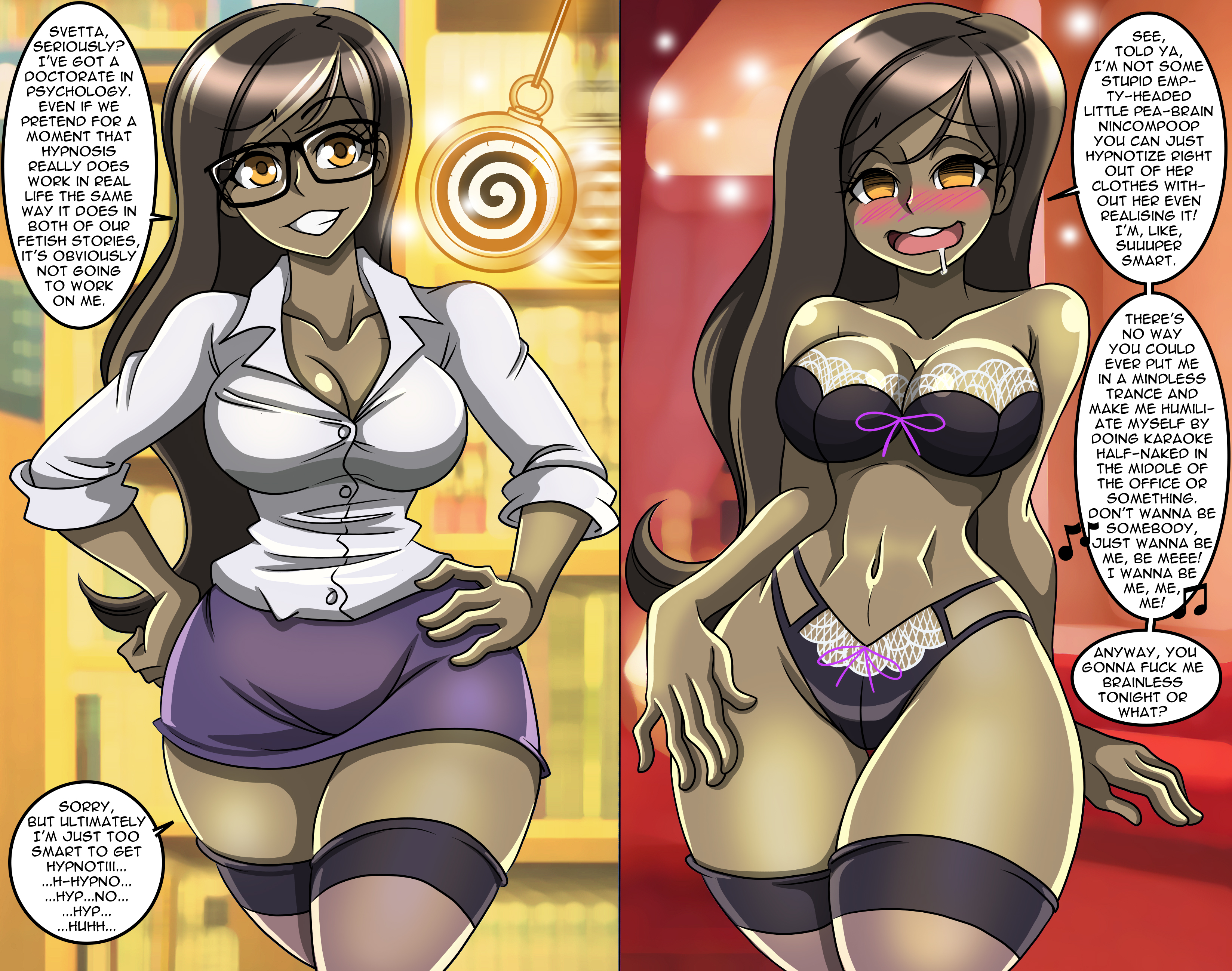 absurdres, before and after, big breasts, bimbo, bimbofication, blush, brain drain, breasts, brown hair, bubble butt, cleavage, dark skin, denial, dress shirt, drool, drooling, empty eyes, english text, female, female only, femdom, femsub, fit, fit female, glasses, hand on hip, happy trance, horny, horny female, hourglass figure, huge breasts, hypnosis, large breasts, large hips, large lips, lingerie, long hair, miniskirt, muscular, naz (maurislave), open mouth, original, pendulum, pocket watch, slutification, smile, standing, symbol in eyes, text, thighhighs, thighs, unaware, wide hips, yellow eyes, zorro-zero