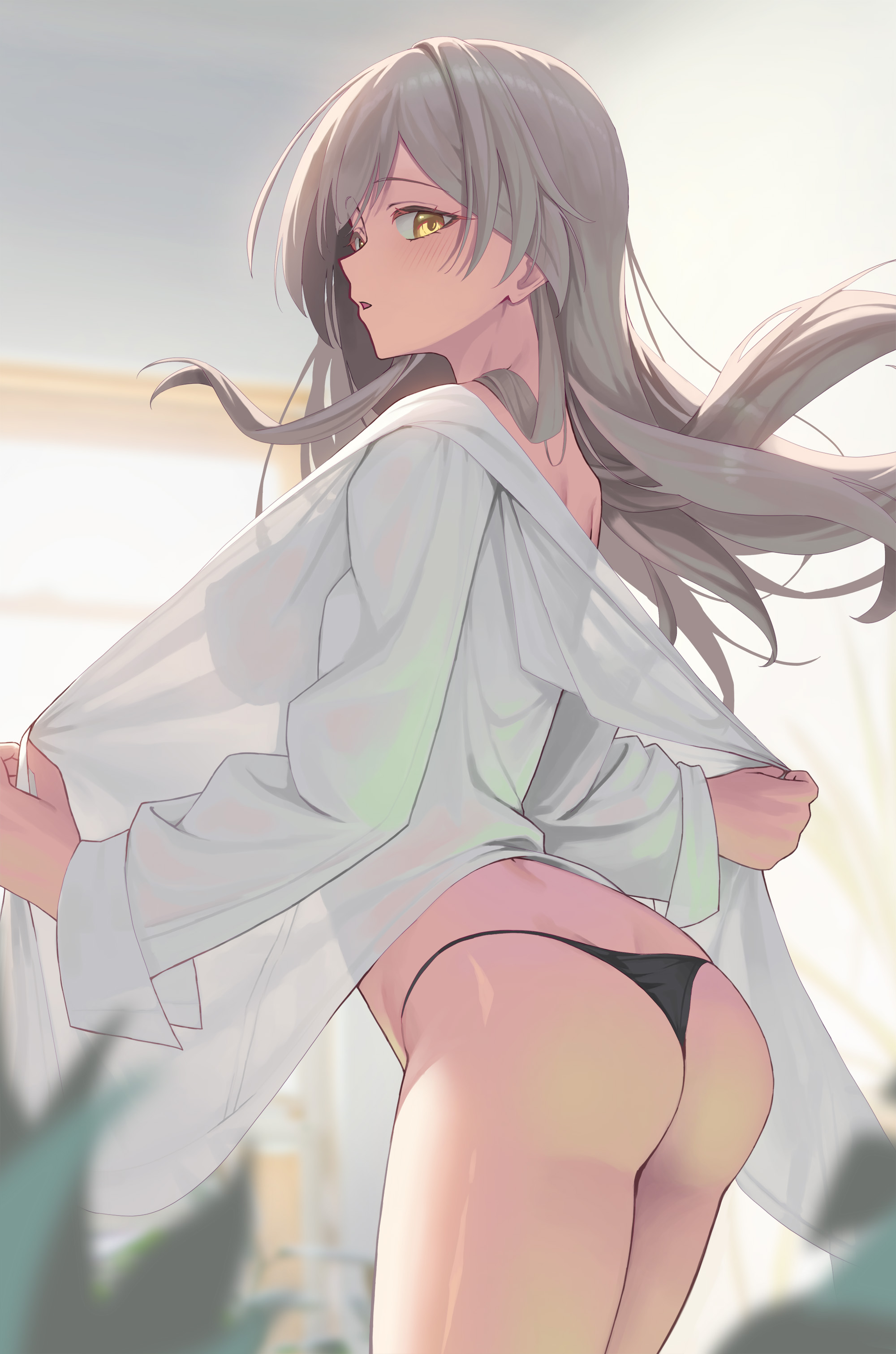 absurdres, ass, black panties, bowlp, commentary, female, from behind, grey hair, highres, honkai (series), honkai: star rail, long hair, looking at viewer, looking back, outdoors, panties, parted lips, see-through silhouette, shirt, solo, stelle (honkai: star rail), trailblazer (honkai: star rail), underwear, undressing, white shirt, yellow eyes