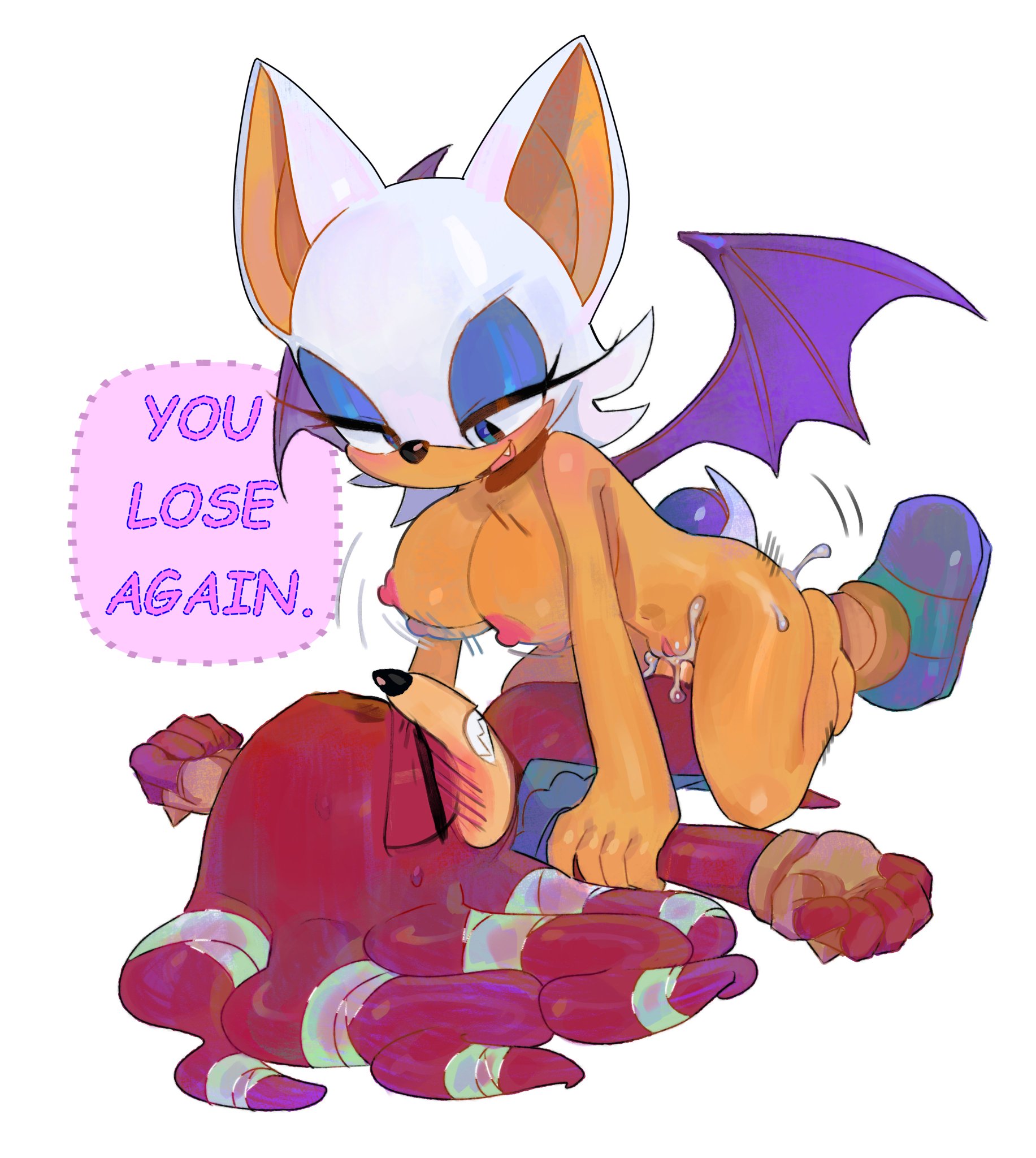 1boy, 1girls, areolae, bat ears, bat wings, big breasts, blue eyes, blushing, bouncing breasts, closed eyes, cum, cum in pussy, dialogue, english text, eyes closed, fan character, female on top, femdom, gritted teeth, lidded eyes, malesub, membranous wings, motion lines, nude female, oerba yun fang, original character, pinklilim, pinned down, red fur, rouge the bat, sharp teeth, sonic (series), sonic oc, sonic the hedgehog (series), sweat, thrusting, variant, white background, white hair, you lose