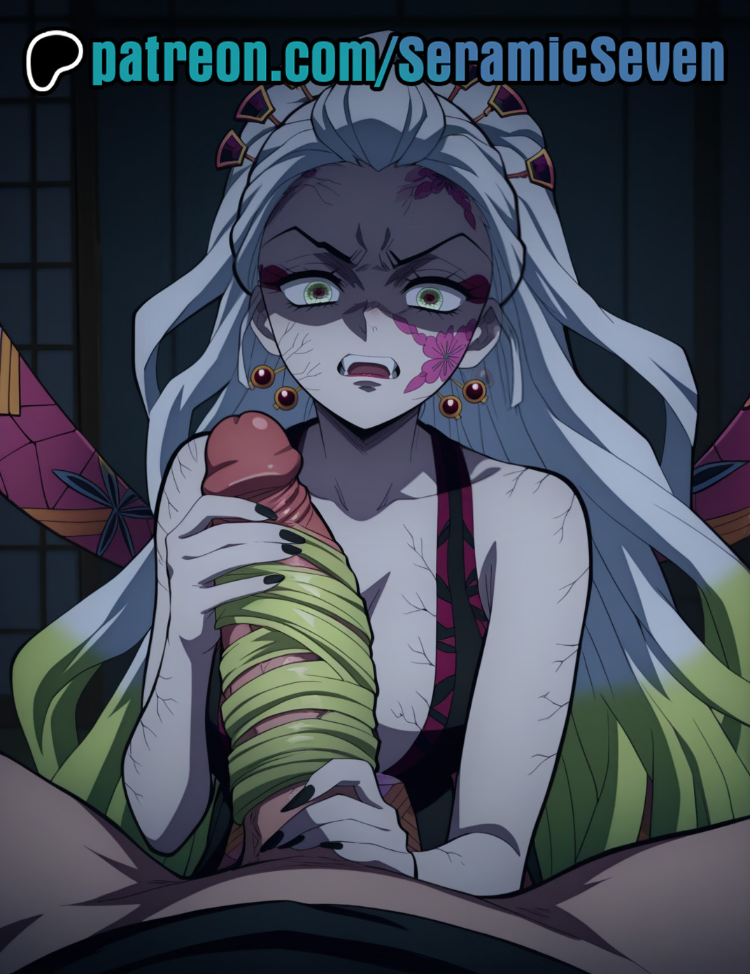 1boy, 1boy1girls, 1girls, 2025, 2d, absurdly large cock, ai, ai generated, angry, angry expression, anime, anime style, big cock, big penis, bound cock, clawed handjob, cracked skin, daki (kimetsu no yaiba), demon, demon girl, demon horn, demon slayer, disgusted, disgusted expression, disgusted look, eye contact, face markings, female, green eyes, green hair, hair around penis, hair on penis, hair ornament, hair ornaments, hair wrapped around cock, hairjob, handjob, high quality, high resolution, highres, kimetsu no yaiba, large penis, light skin, light-skinned female, light-skinned male, long hair, looking at viewer, male, male pov, male/female, multicolored hair, open mouth, pale skin, pale-skinned female, parted lips, penis, pov, pov male, seramic seven, shaded face, sharp fingernails, sharp nails, uncensored, v-shaped eyebrows, white hair