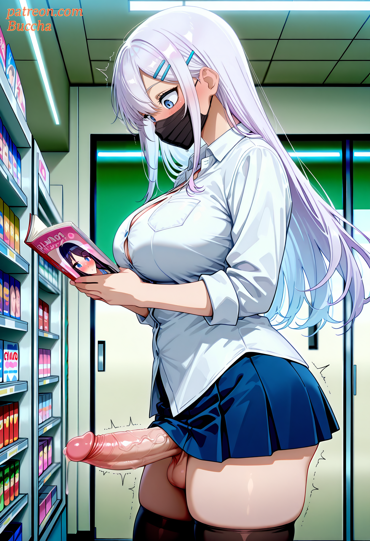 ai generated, balls, black mask, black thighhighs, blue eyes, blue skirt, blush, book, bookshelf, breast pocket, breasts, buccha, bursting breasts, button gap, ceiling light, cleavage, clothing, collared shirt, erection, female, futa masturbation, futanari, grey hair, hair between eyes, hair ornament, hairclip, holding, holding book, huge cock, indoors, intersex, large breasts, large penis, large testicles, legwear, locker, long hair, long sleeves, looking down, manga (object), mask, microskirt, miniskirt, mouth mask, open book, original, patreon, penis, pleated skirt, pocket, precum, public indecency, reading, school uniform, shirt, shop, skindentation, skirt, solo, standing, testicles, thighhighs, thighs, trembling, undersized clothes, veins, veiny penis, white hair, white shirt
