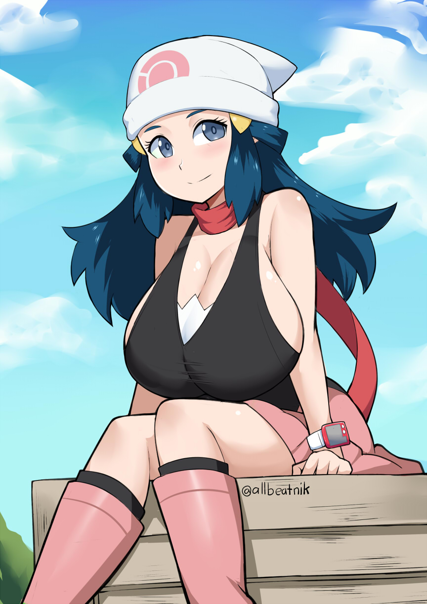 1girls, 2025, allbeatnik, big breasts, blue eyes, blue hair, breasts, cleavage, dawn (pokemon), female, game freak, huge breasts, nintendo, outdoors, pokemon, pokemon dppt, solo, solo female, tagme
