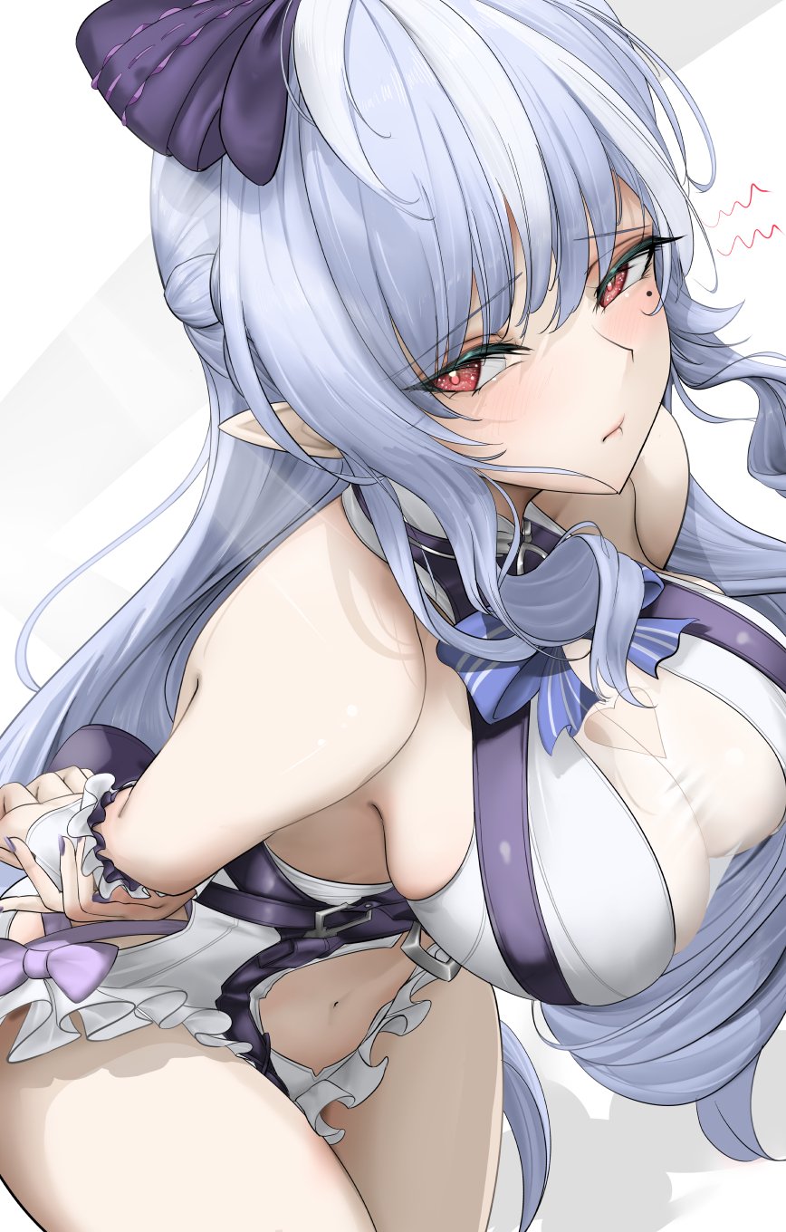 1girls, breasts, exposed breasts, female, hoyoverse, legs, long hair, mait, mihoyo, official alternate costume, purple hair, red eyes, swimsuit, vivian banshee, vivian banshee (iris of the shore), white swimsuit, zenless zone zero