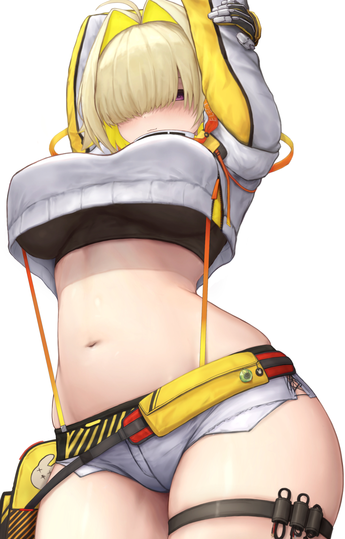 ahoge, arm up, black sports bra, blonde hair, breasts, crop top, crop top overhang, cropped sweater, elegg (nikke), female, female only, grey shorts, hair intakes, hair over eyes, highres, kinoko kun, large breasts, large variant set, long bangs, long sleeves, micro shorts, multicolored hair, navel, purple eyes, shorts, solo, sports bra, suspender shorts, suspenders, sweater, two-tone hair, variant set