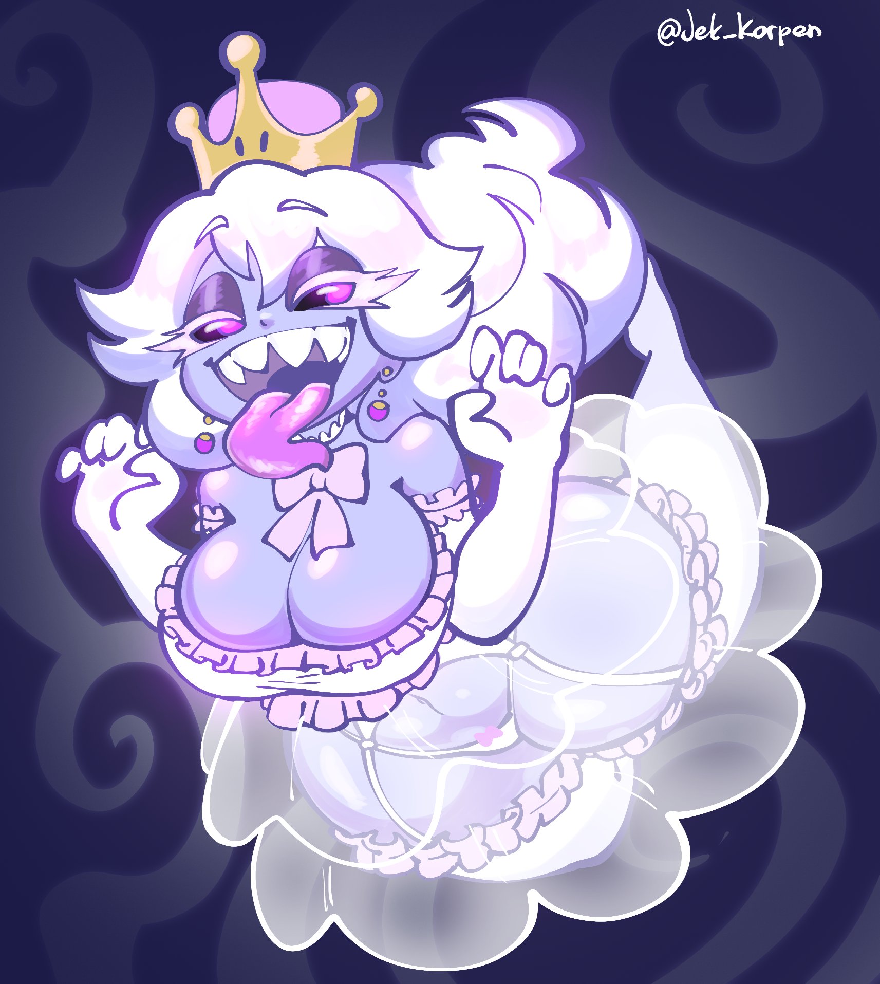 big breasts, boosette, breasts, cleavage, clothed, clothing, female, ghost, ghost girl, jek korpen, mario (series), new super mario bros. u deluxe, panties, see-through, see-through clothing, see-through dress, solo, super crown, tagme, thick thighs, tongue, tongue out