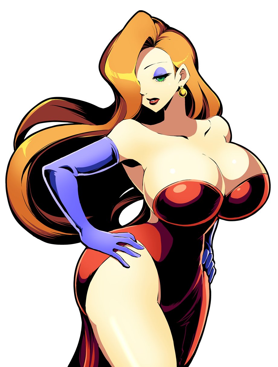 big breasts, breasts, cleavage, clothed female, disney, dress, earrings, elbow gloves, eyeshadow, female, female focus, female only, green eyes, hand on hip, huge breasts, jessica rabbit, lipstick, long hair, makeup, mature female, piko (artist), red hair, solo, solo female, solo focus, who framed roger rabbit