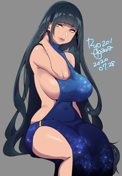 1girls, big breasts, breasts, cleavage, dress, female, female only, large breasts, mature female, ryo agawa, sideboob, sitting, solo, thick thighs, wide hips