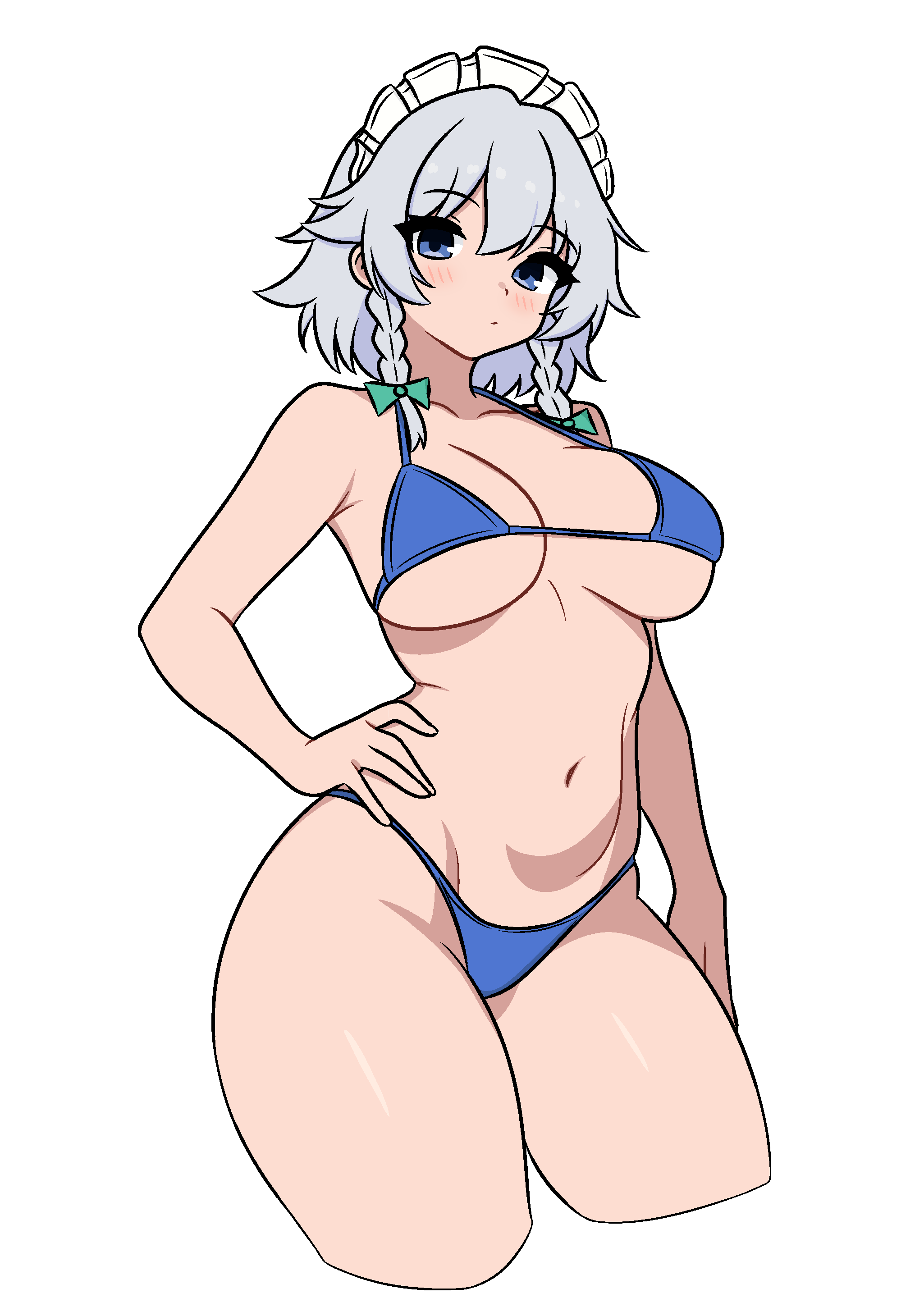 1girls, blue hair, blue lingerie, breasts, exposed breasts, female, grey hair, lingerie, maid, maid headdress, sakuya izayoi, shinyy luna, touhou, touhou project