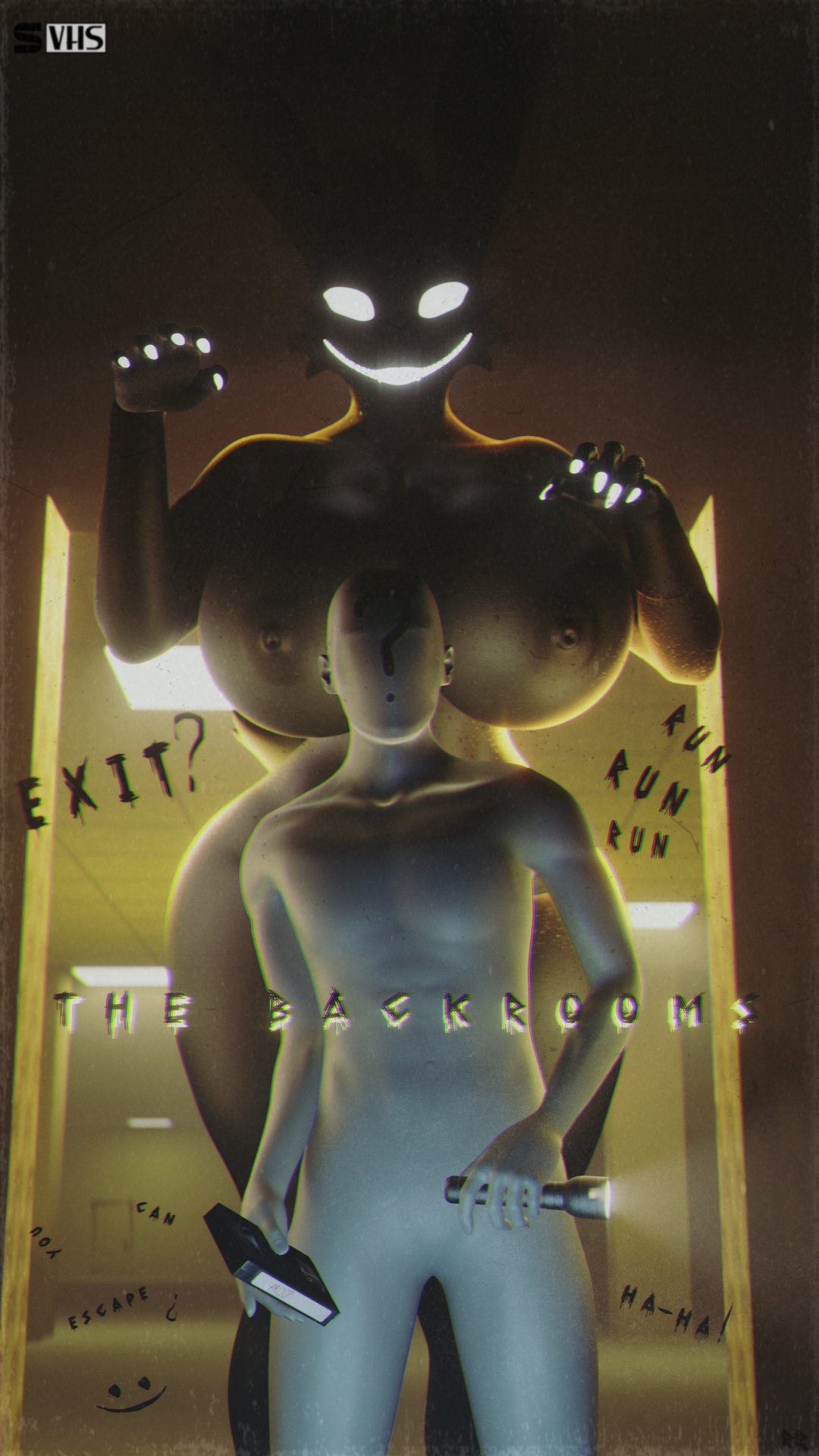 1boy, 1girls, areolae, backboob, backrooms, big breasts, breasts, da.nilkaz, da.nilkaz (modeler), female, inminent sex, male, male/female, nightmare waifu, nipples, ray raider, smiler (da.nilkaz), smiler (the backrooms)