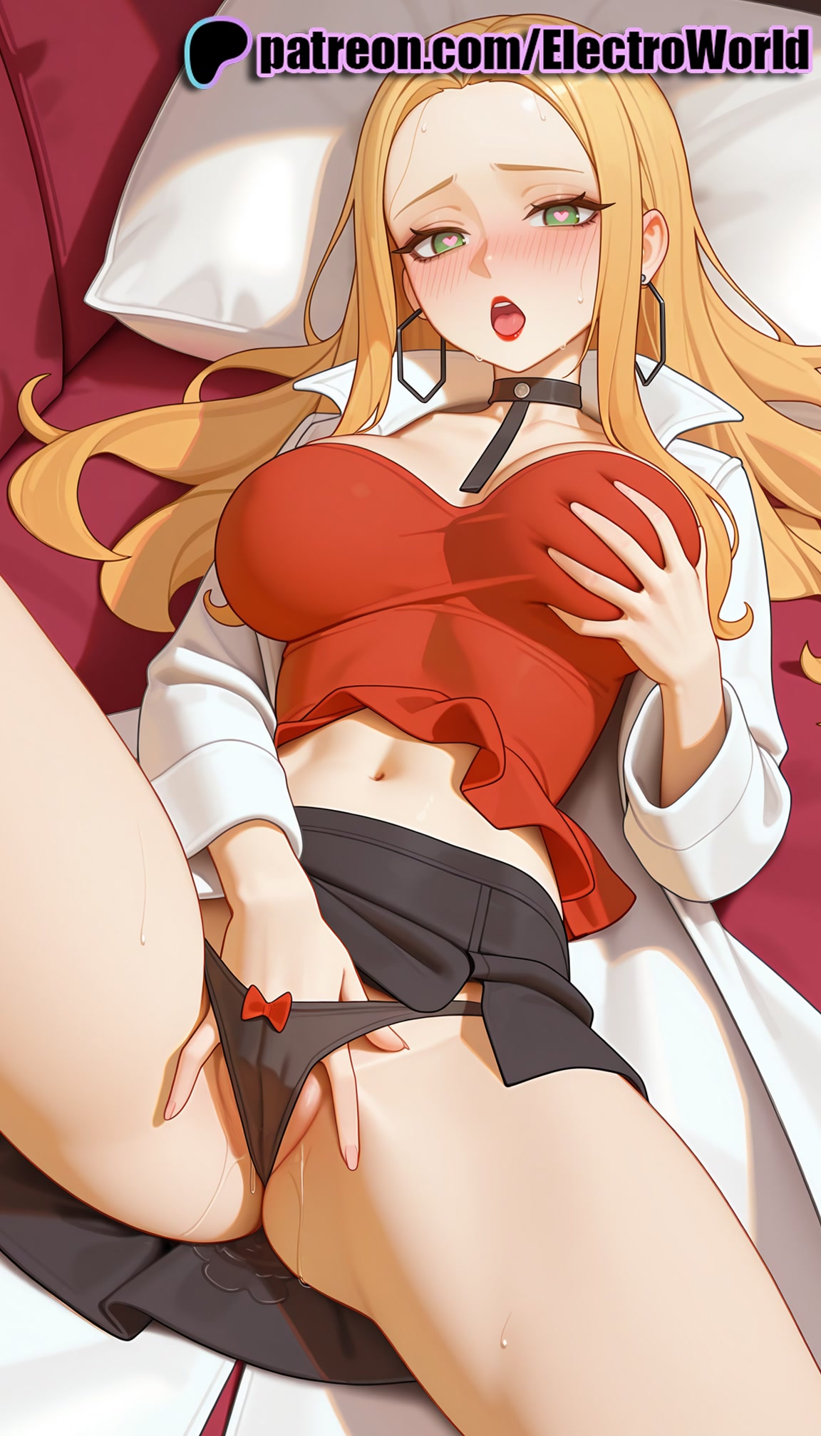 1girls, 2025, ai generated, artist name, black choker, black panties, blonde hair, blush, breast grab, breasts, bust, chest, choker, earrings, electroworld, female, fingering, grabbing, grabbing own breast, green eyes, heart, heart-shaped pupils, hi res, high quality, high resolution, highres, hoop earrings, jewelry, laying down, legs apart, legs spread, long hair, lying, lying on back, masturbation, navel, oleana (pokemon), on back, open legs, open mouth, panties, panty pull, patreon, patreon username, pillow, pokemon, pussy, pussy juice, self fondle, solo, splayed legs, spread legs, stable diffusion, sweat, symbol-shaped pupils, underwear, watermark