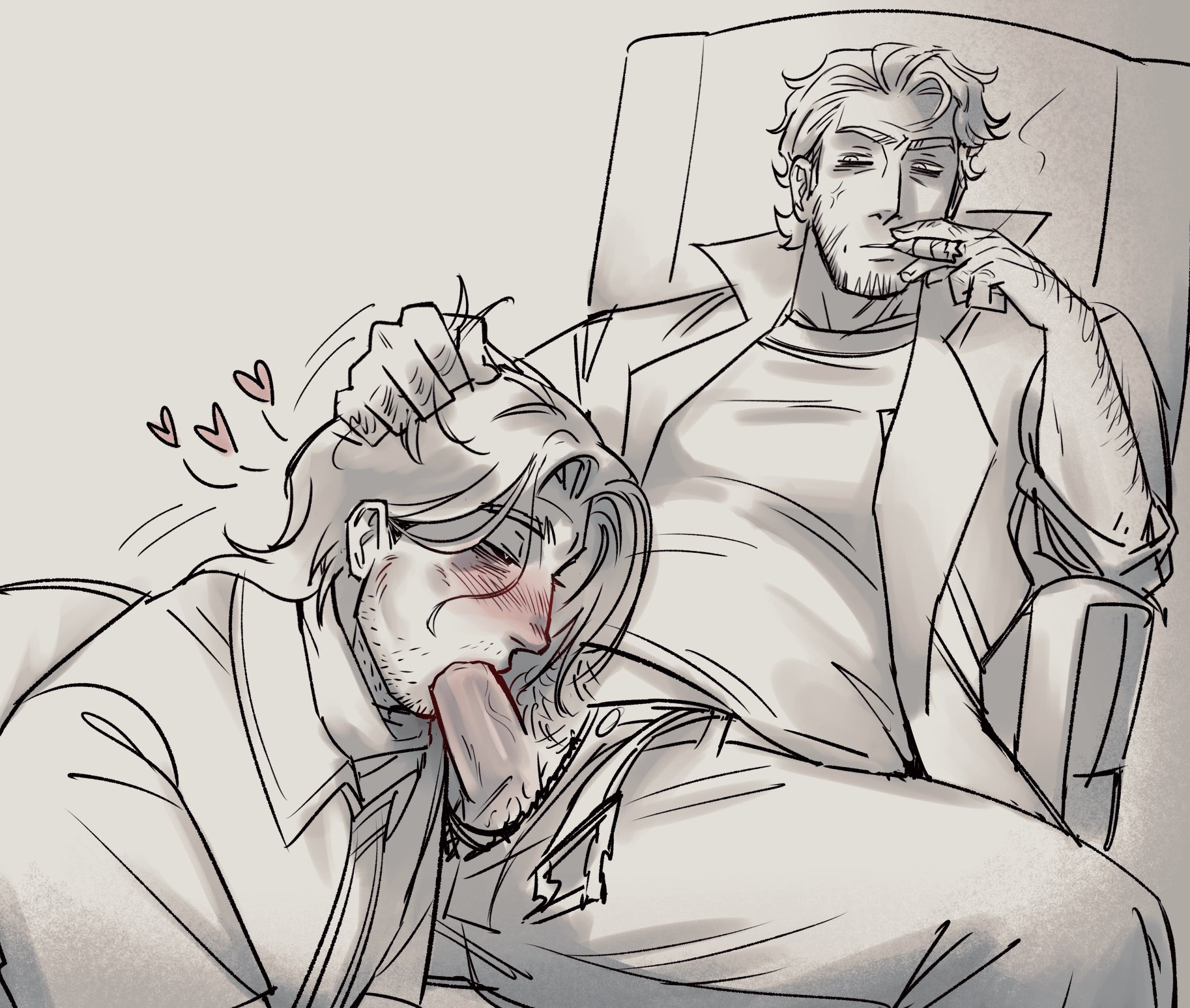 2boys, abuse of power, ahoge, alternate universe, angry vein, belt unbuckled, belt undone, blowjob, blush, blush lines, bobbing head, cigar, cigar in mouth, cigar smoke, curly (mouthwashing), deepthroat, disgusted, disgusted look, dominant, dominant male, enjoying rape, facial hair, fly open, fully clothed, gay, giving head, gripping hair, hair antennae, hairy arms, hand in hair, happy trail, heart eyes, heart-shaped pupils, hearts around head, hearts in eyes, hi res, holding hair, janitor, jimmy (mouthwashing), kinktober, kinktober 2025, legs spread, lidded eyes, looking down, looking down at partner, male, male only, manspreading, monochrome, mouthwashing, movement lines, on ground, oral, oral penetration, oral sex, partially clothed, penis, penis in mouth, popped collar, punishment, punishment sex, sitting on chair, smoking, smoking cigar, squinting, submissive, submissive male, sucking off, sucking penis, technically rape, throat fuck, turtleneck, unzipped fly, unzipped pants, vein, yaoi, zzoupz